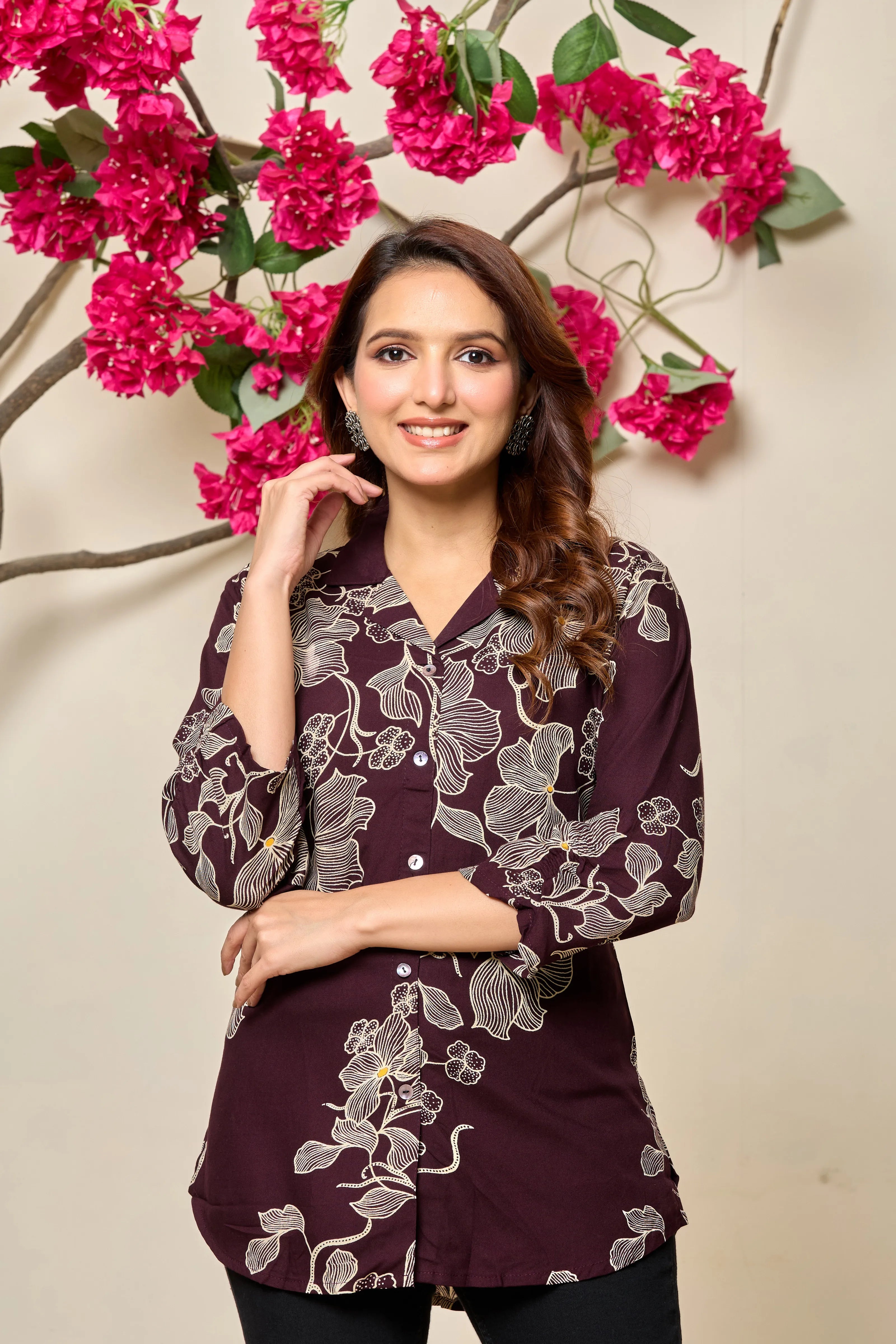 Wine Base Beige Floral Printed Rayon Tunic