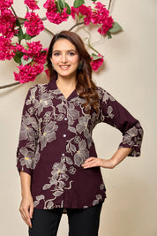 Wine Base Beige Floral Printed Rayon Tunic
