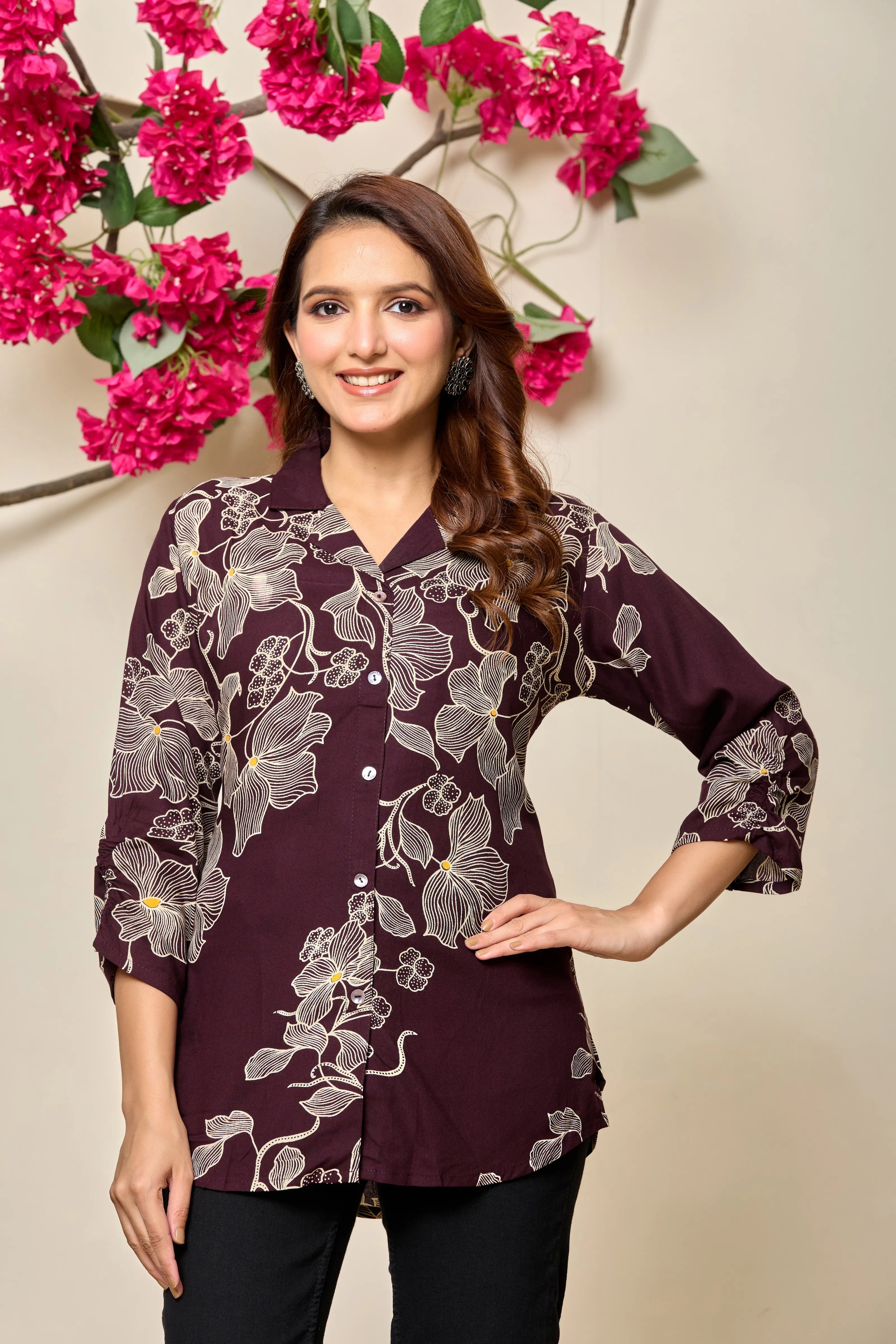 Wine Base Beige Floral Printed Rayon Tunic
