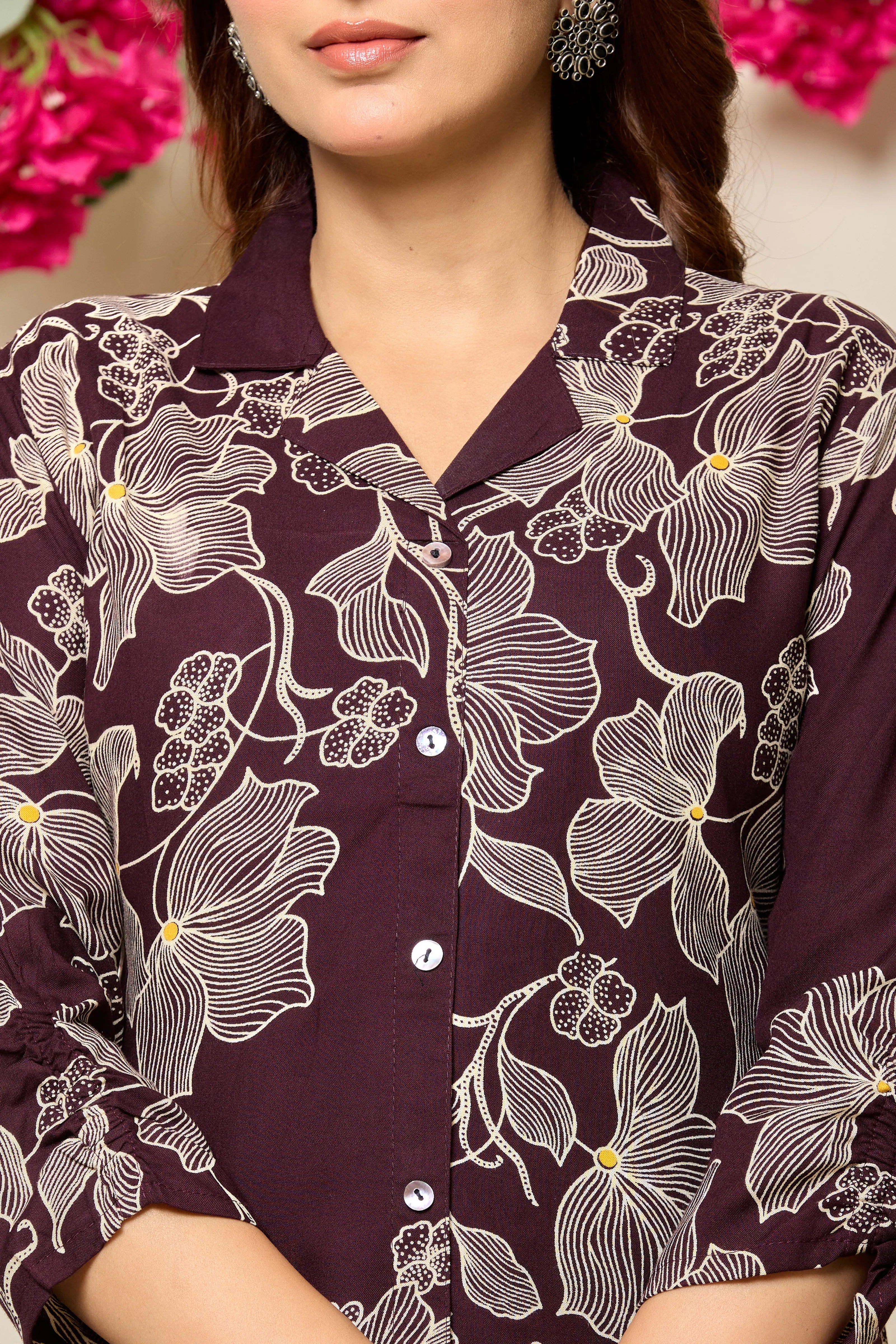 Wine Base Beige Floral Printed Rayon Tunic