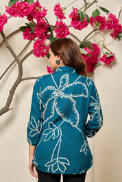 Blue Base & Cream Floral Notch Collar Tunic