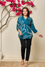 Blue Base & Cream Floral Notch Collar Tunic