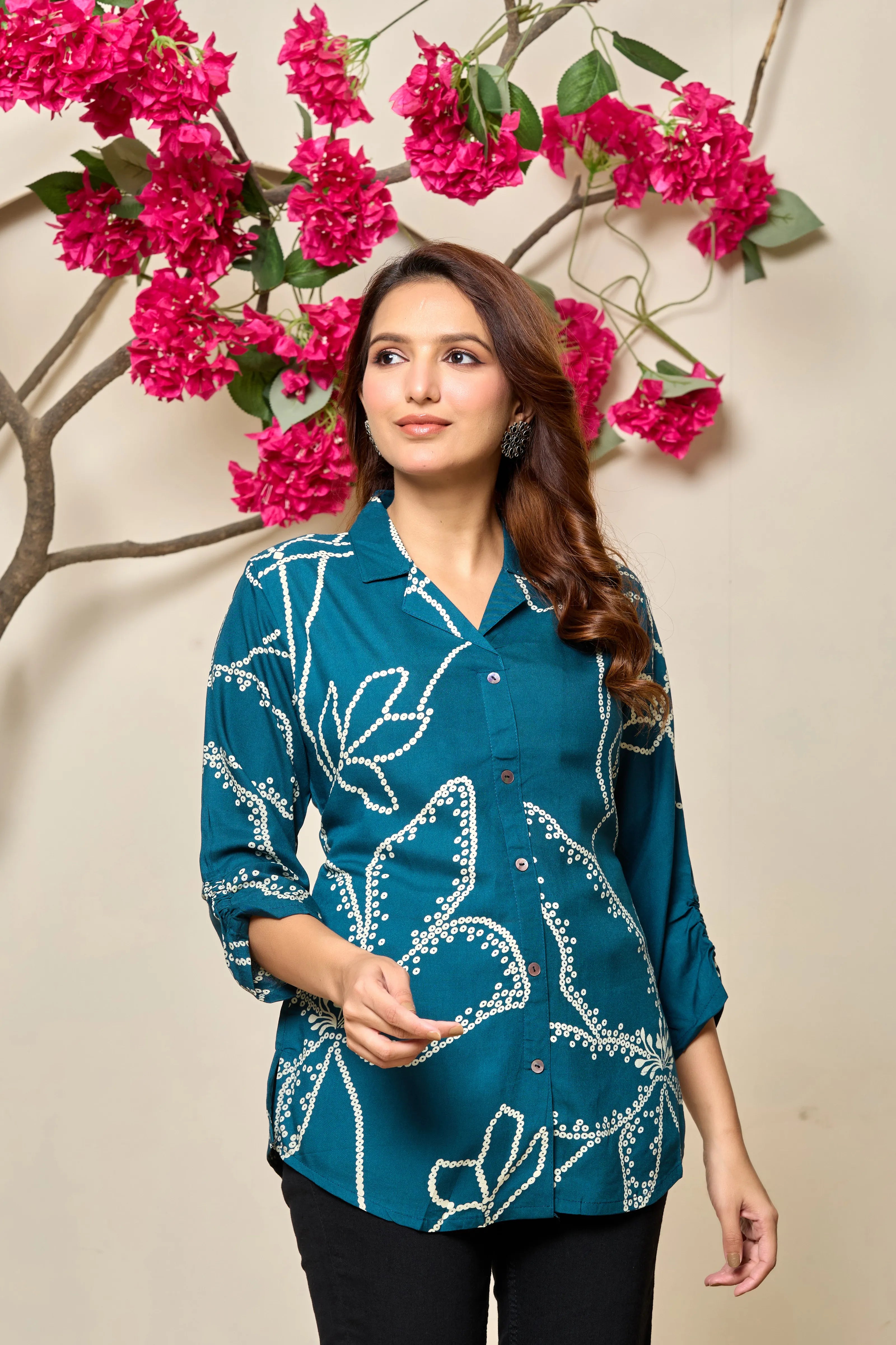 Blue Base & Cream Floral Notch Collar Tunic