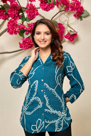Blue Base & Cream Floral Notch Collar Tunic