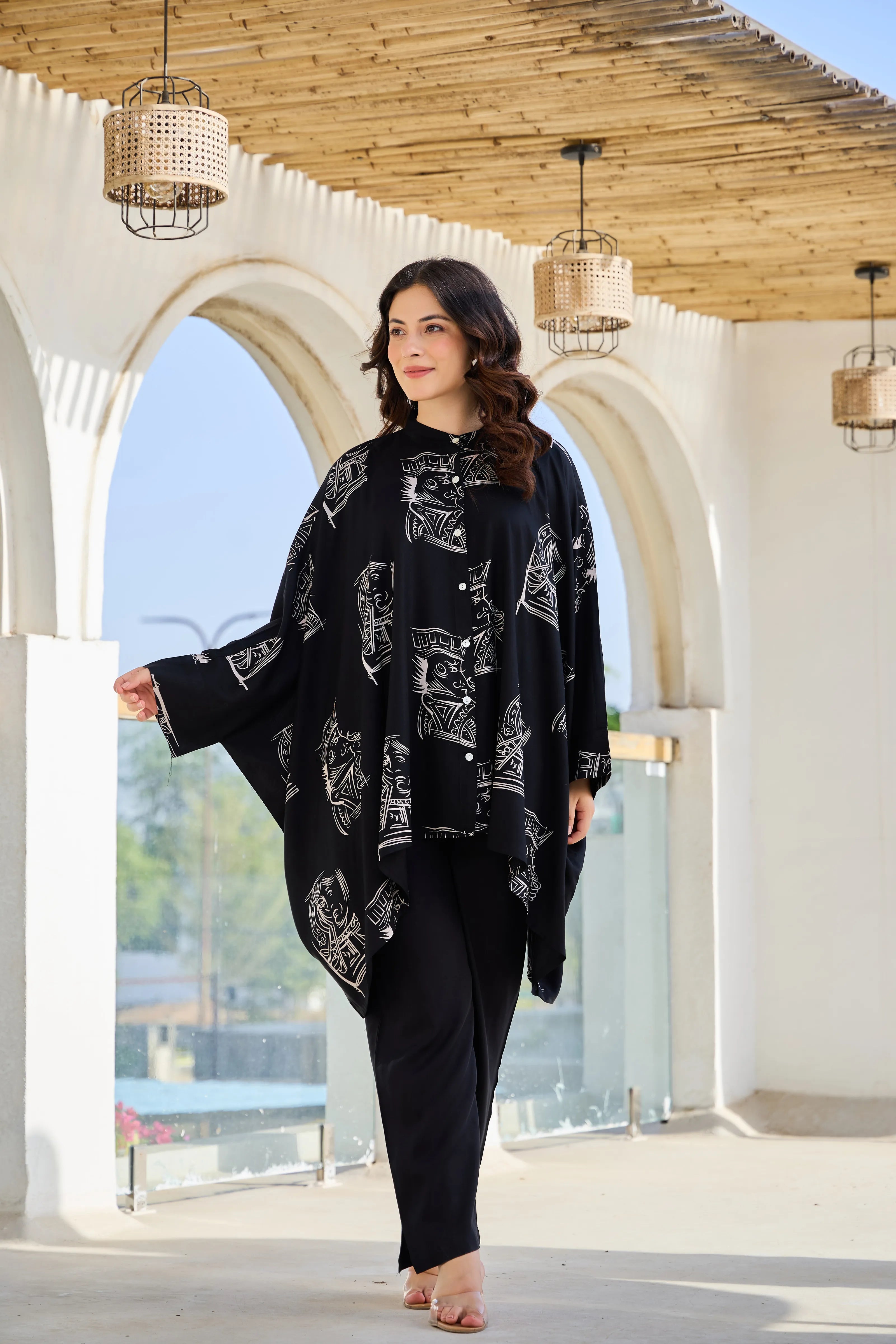 Black Base Cream King & Queen Print Kimono Co-ord Set