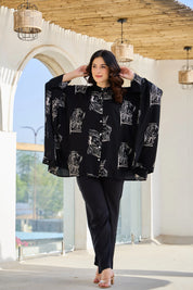 Black Base Cream King & Queen Print Kimono Co-ord Set