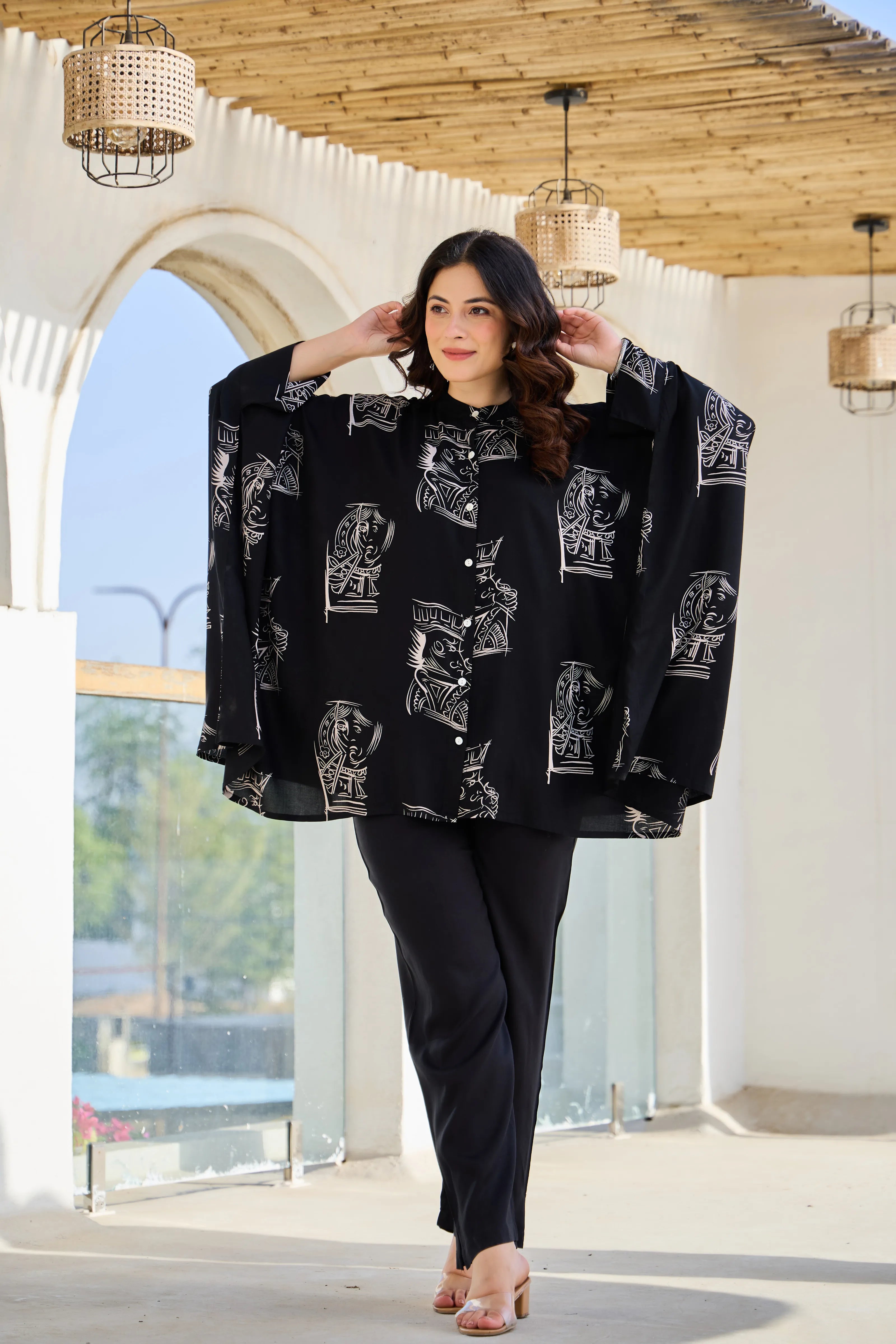 Black Base Cream King & Queen Print Kimono Co-ord Set