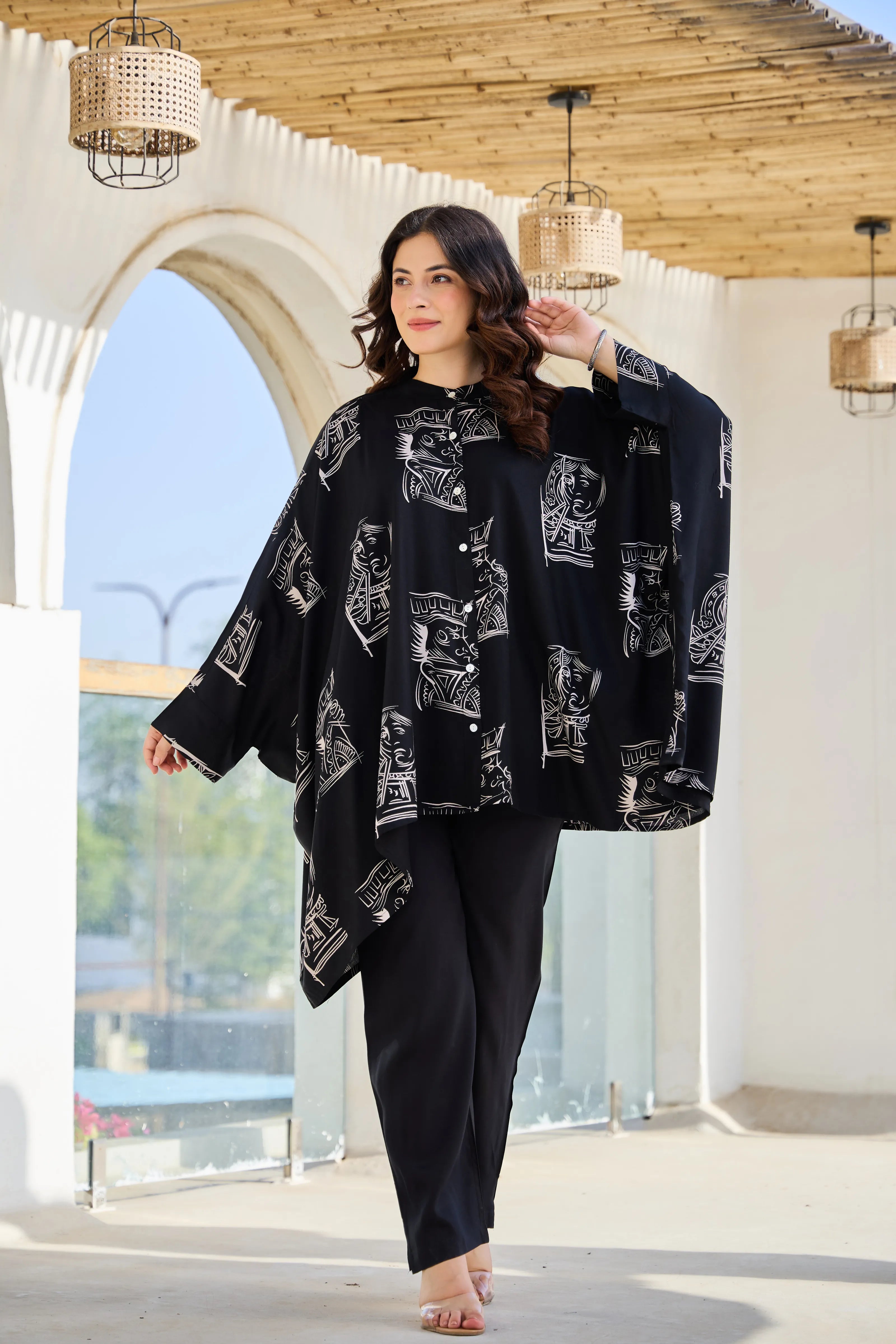 Black Base Cream King & Queen Print Kimono Co-ord Set