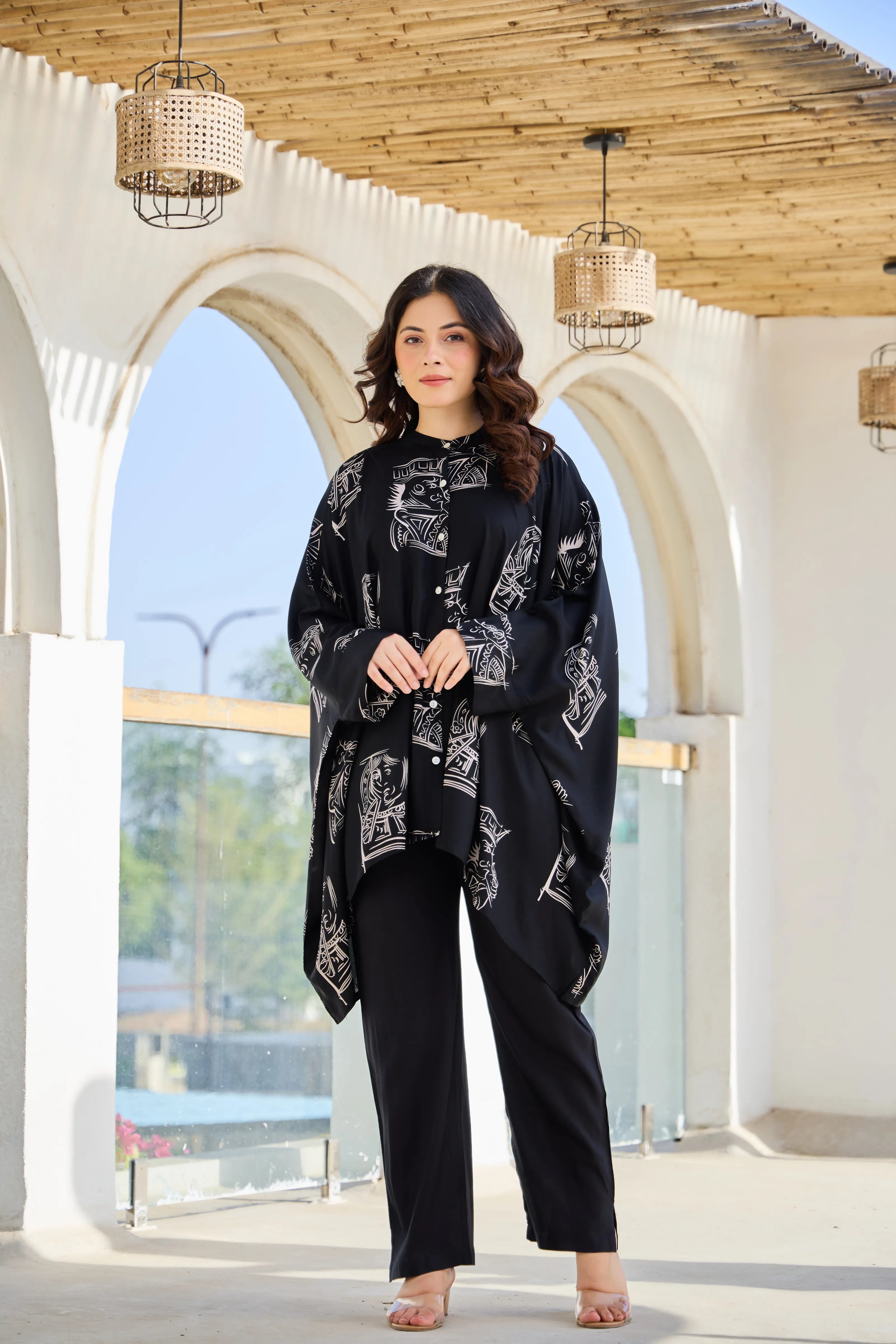 Black Base Cream King & Queen Print Kimono Co-ord Set