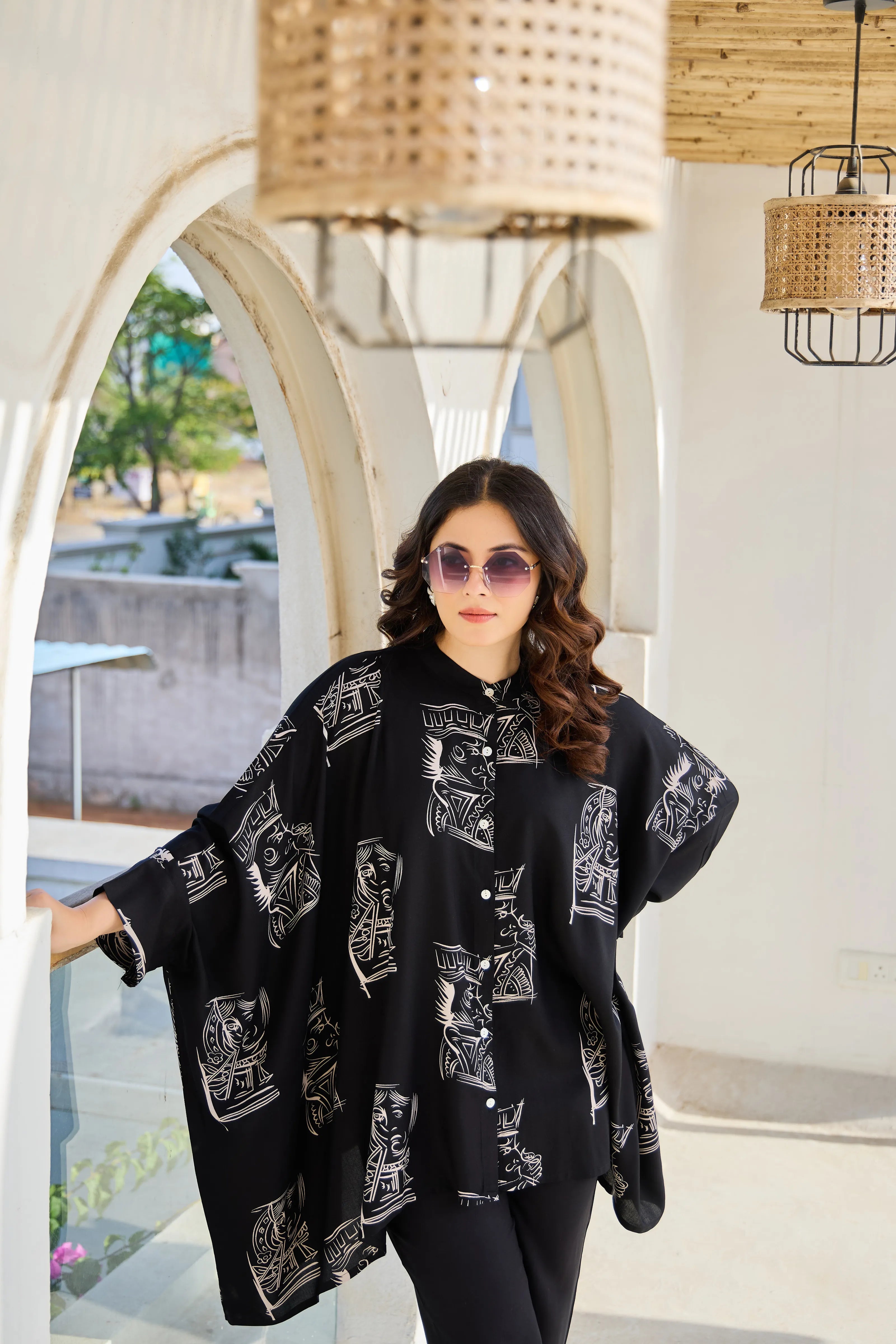 Black Base Cream King & Queen Print Kimono Co-ord Set