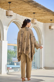 Khaki Green King & Queen Printed Kaftan Co-ord Set in Viscose