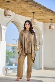 Khaki Green King & Queen Printed Kaftan Co-ord Set in Viscose