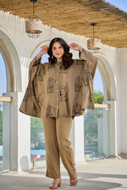 Khaki Green King & Queen Printed Kaftan Co-ord Set in Viscose