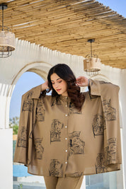 Khaki Green King & Queen Printed Kaftan Co-ord Set in Viscose