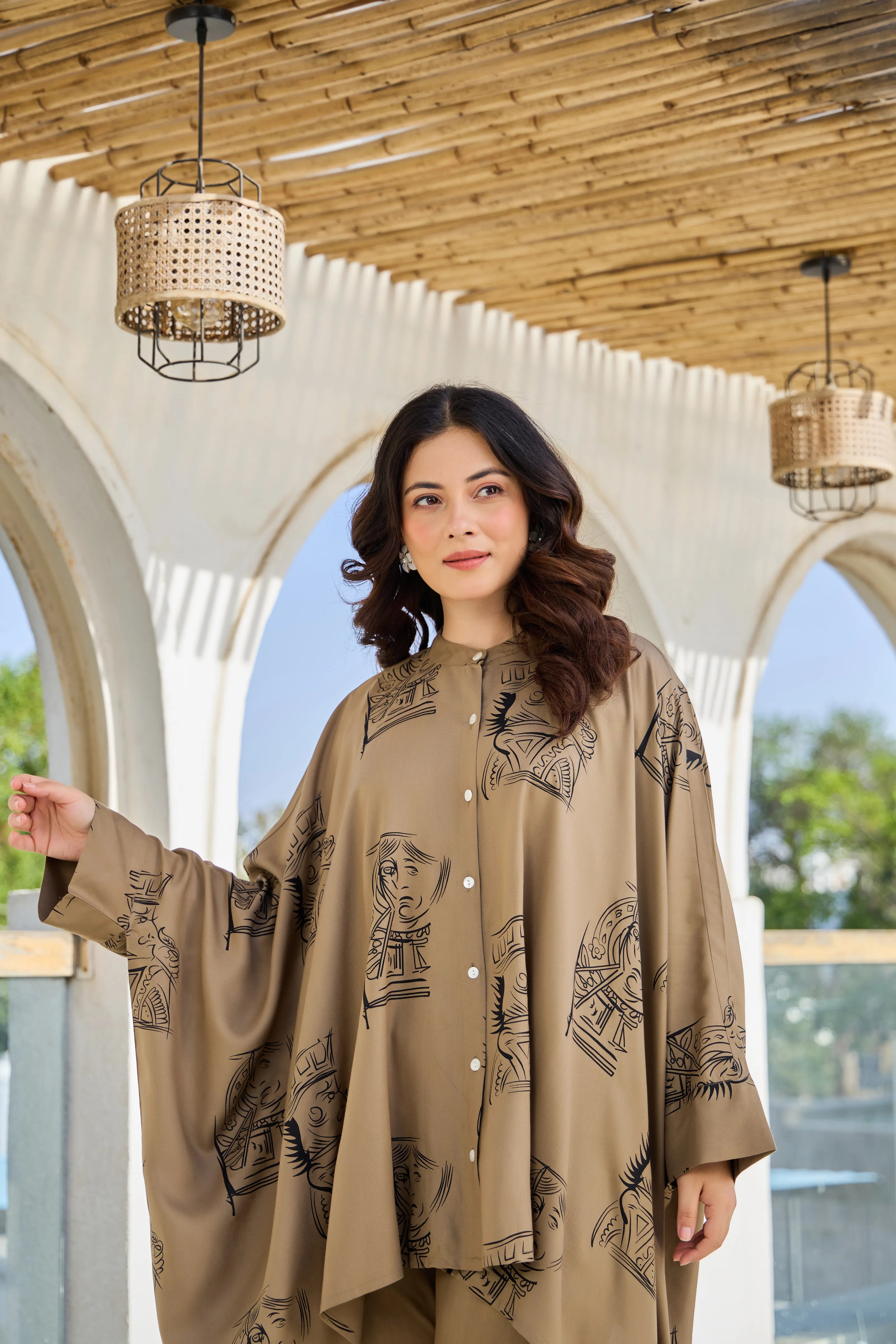 Khaki Green King & Queen Printed Kaftan Co-ord Set in Viscose