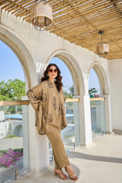 Khaki Green King & Queen Printed Kaftan Co-ord Set in Viscose