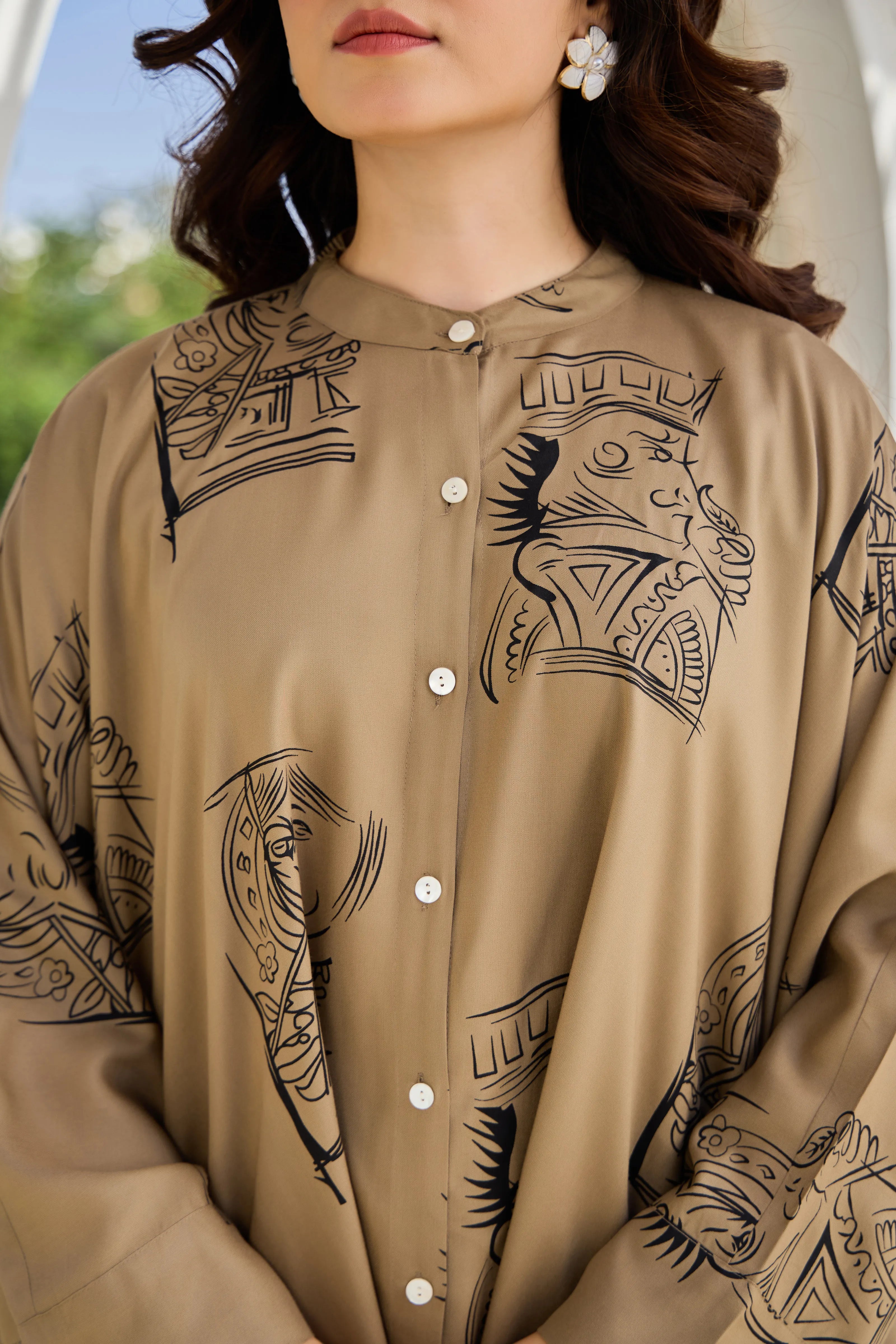 Khaki Green King & Queen Printed Kaftan Co-ord Set in Viscose