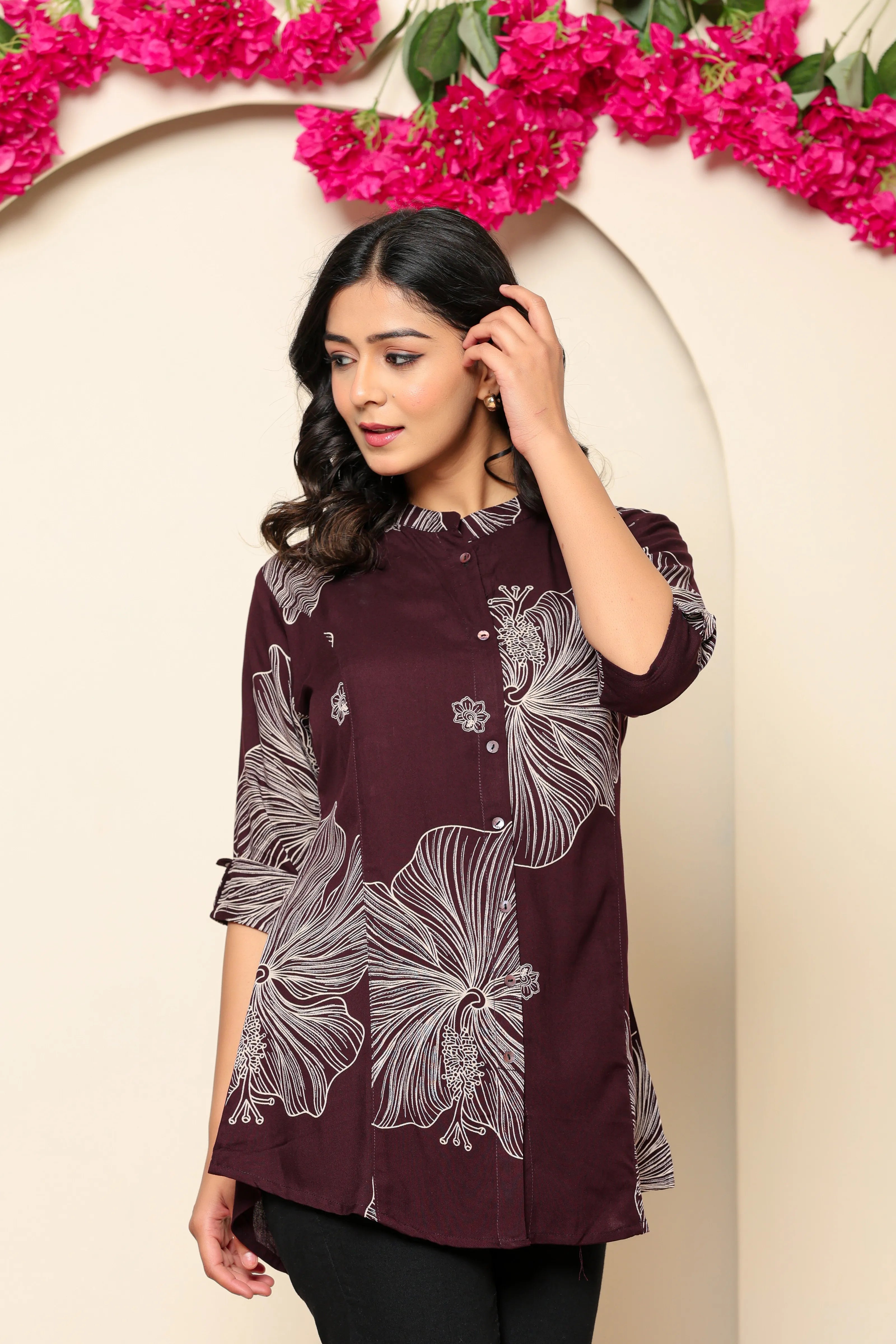 Wine Bold Floral Rayon Tunic