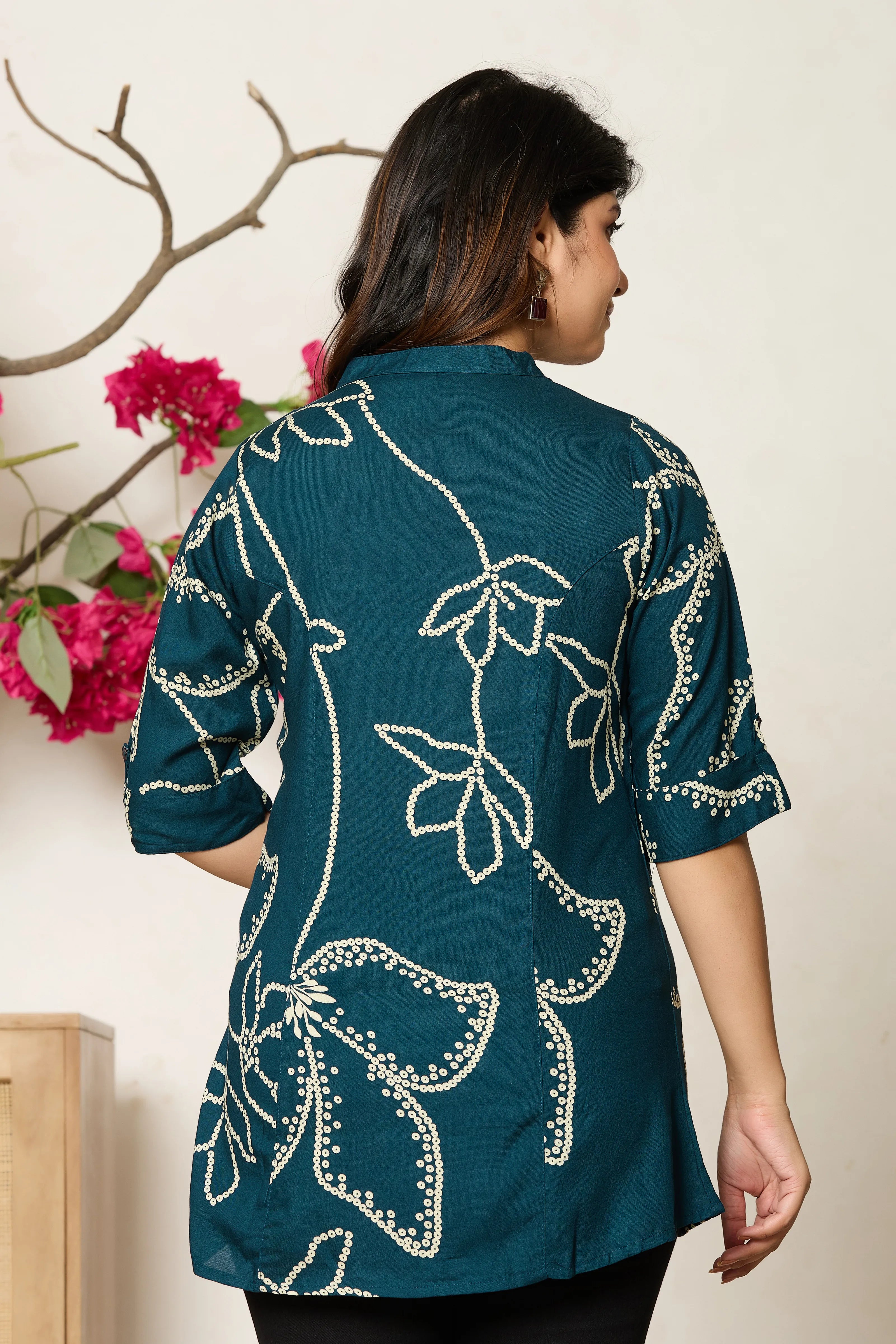 Peacock Blue Abstract Floral Rayon Tunic
