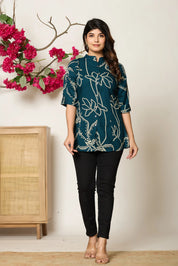 Peacock Blue Abstract Floral Rayon Tunic