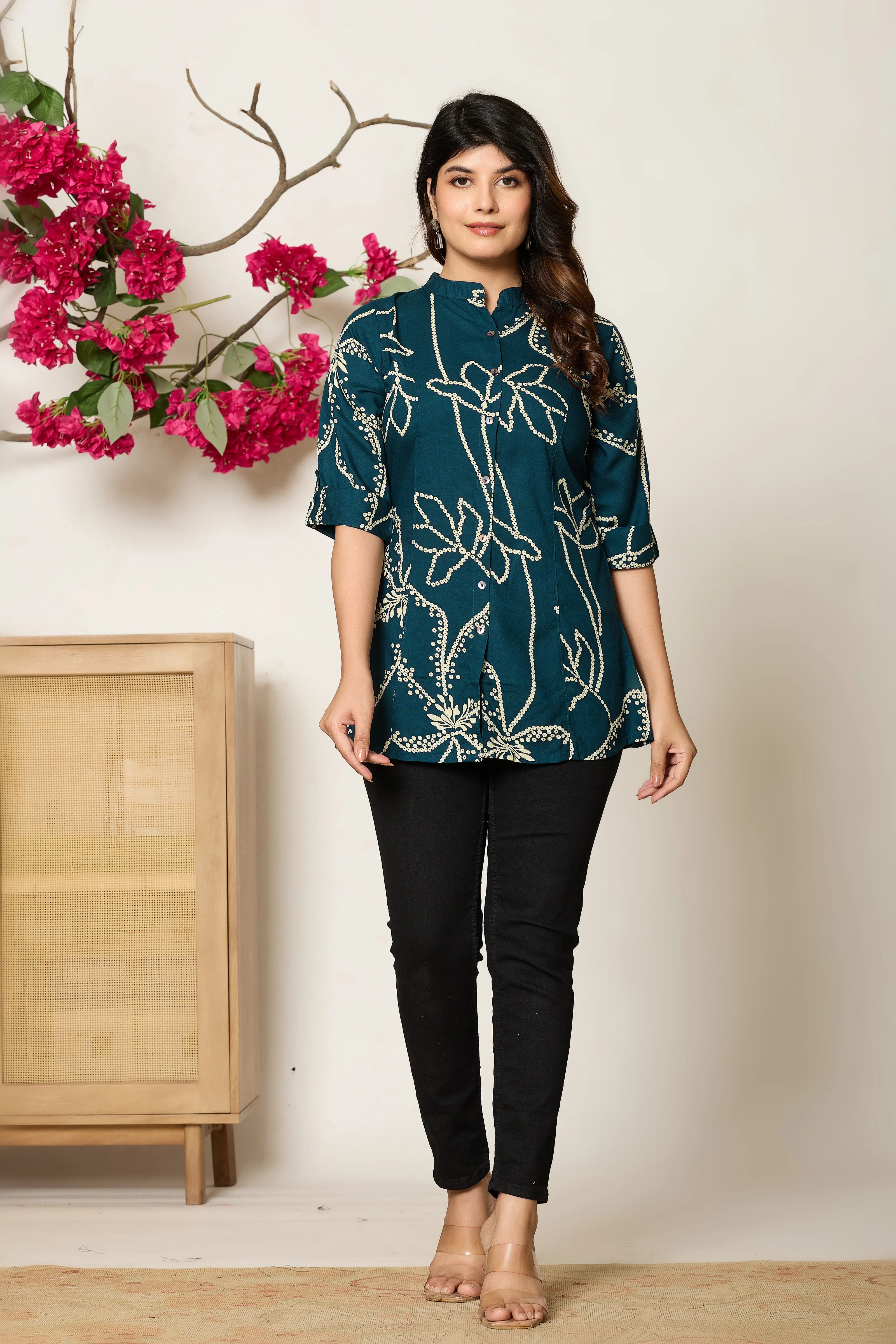 Peacock Blue Abstract Floral Rayon Tunic