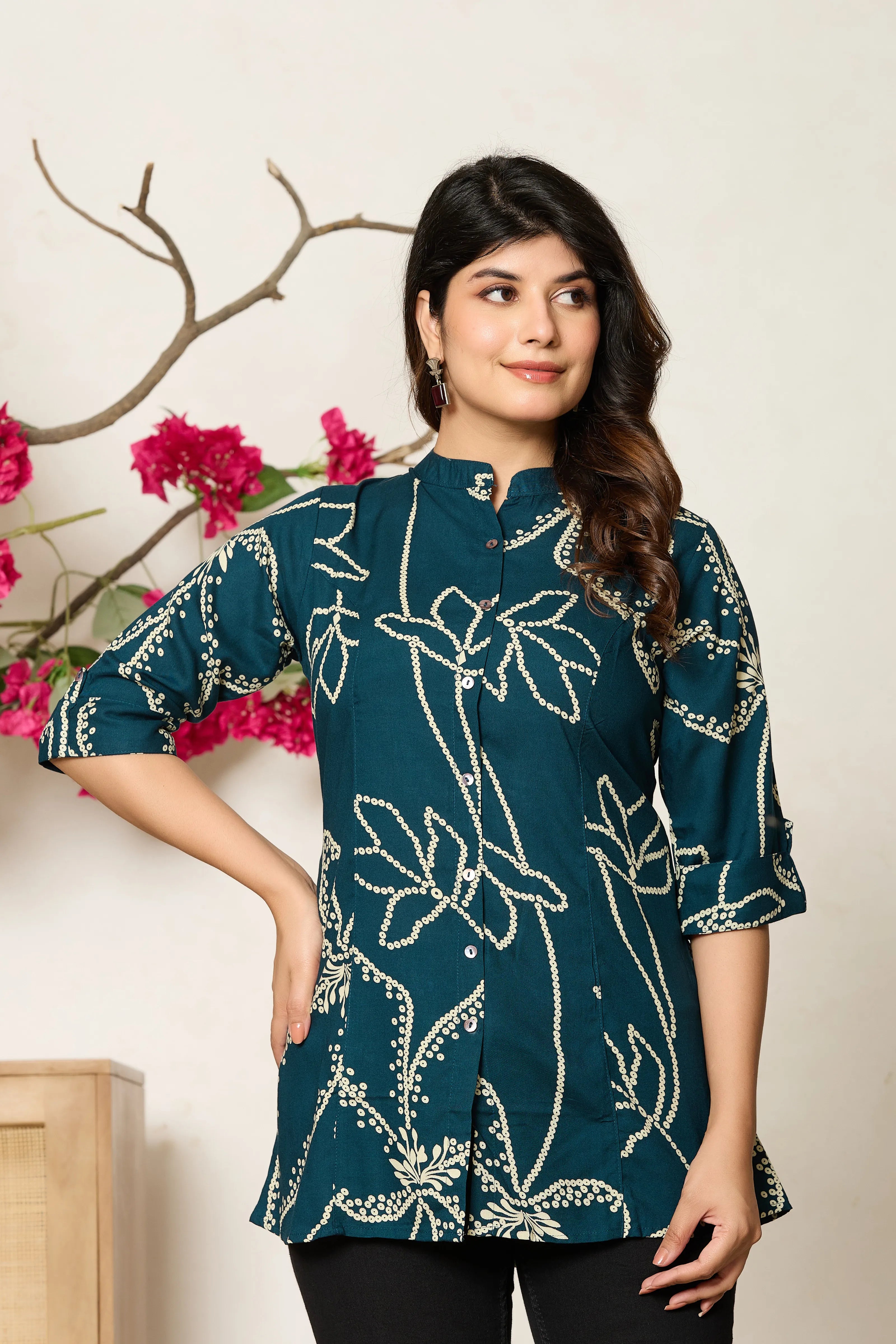 Peacock Blue Abstract Floral Rayon Tunic