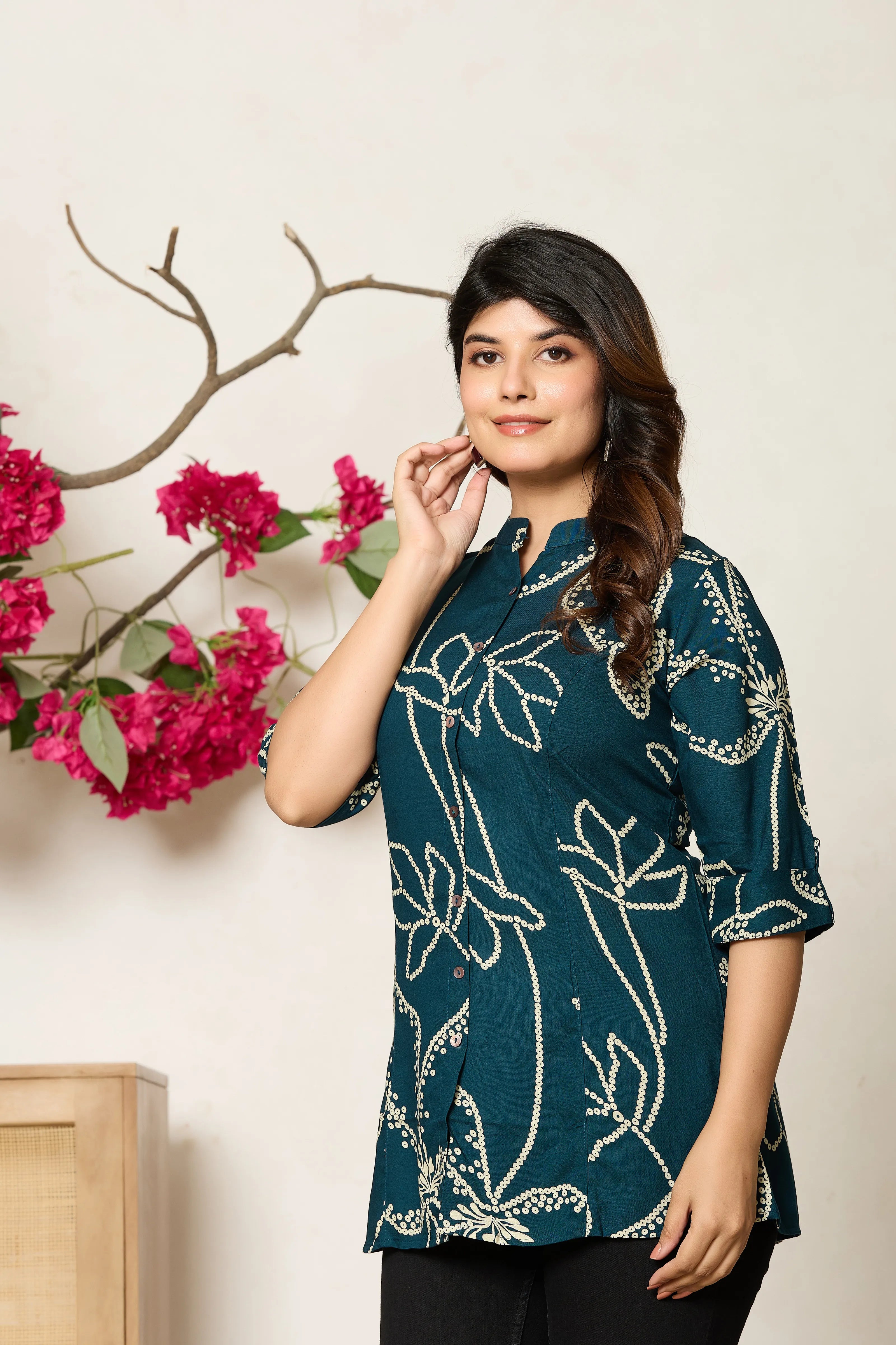 Peacock Blue Abstract Floral Rayon Tunic