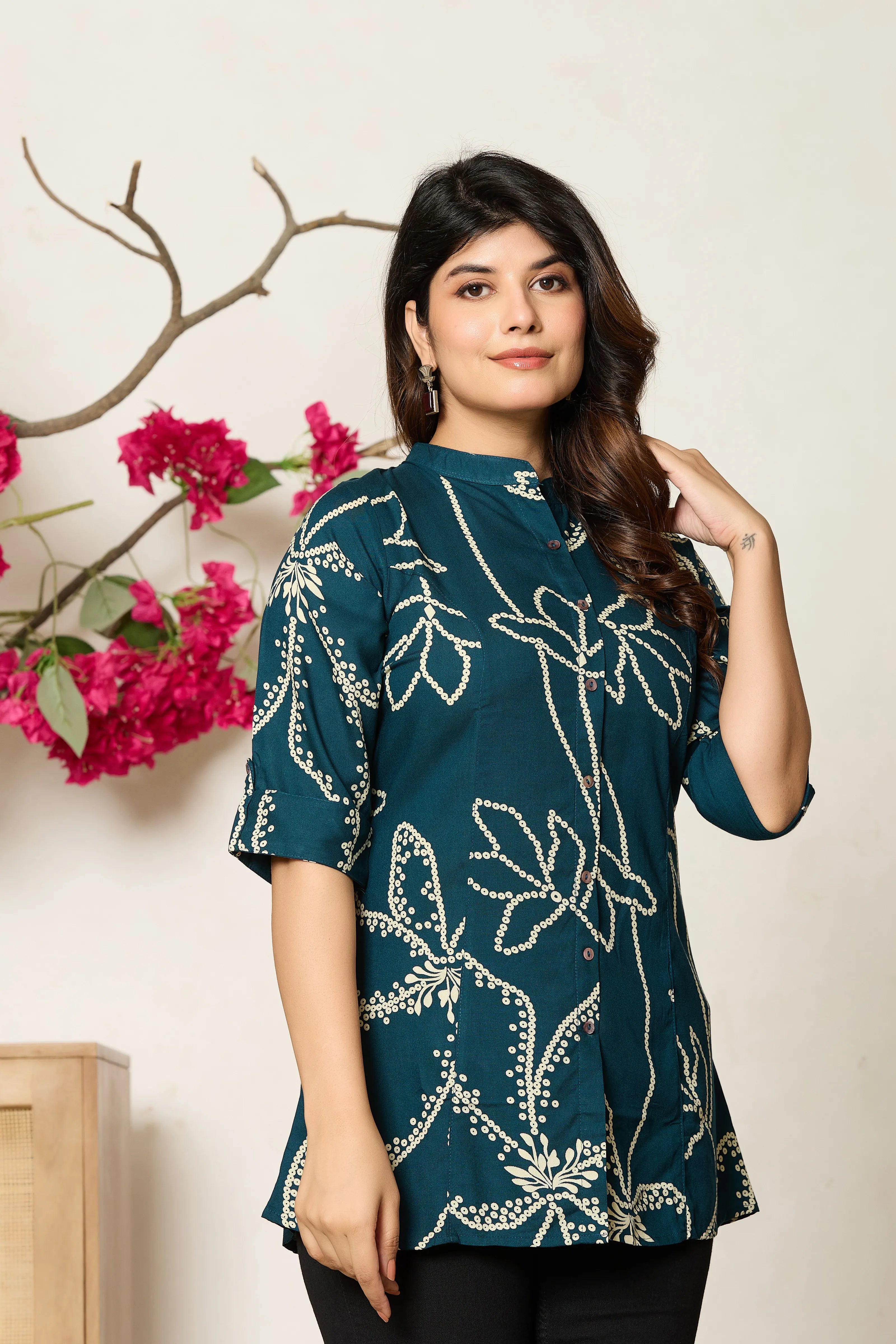 Peacock Blue Abstract Floral Rayon Tunic