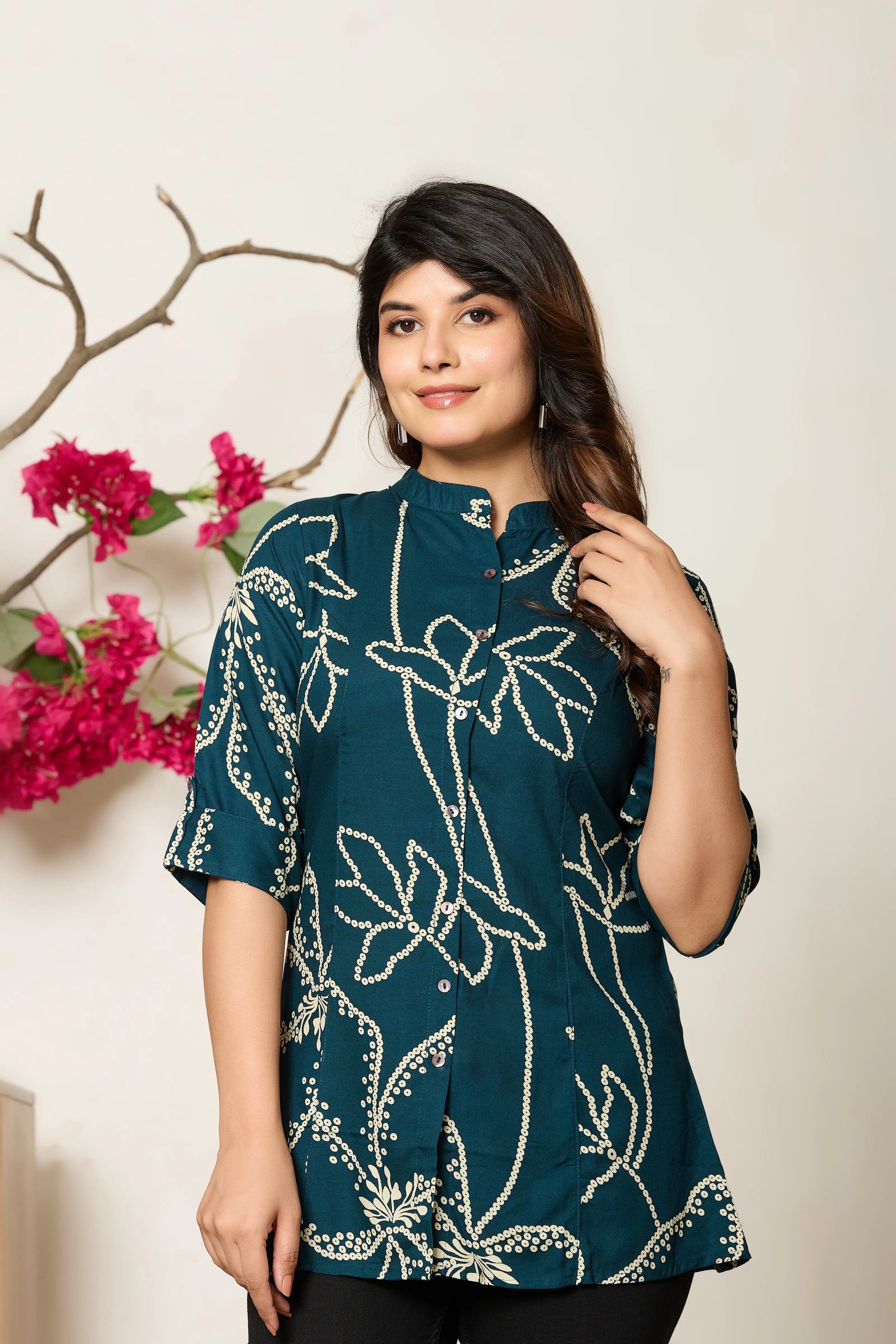 Peacock Blue Abstract Floral Rayon Tunic