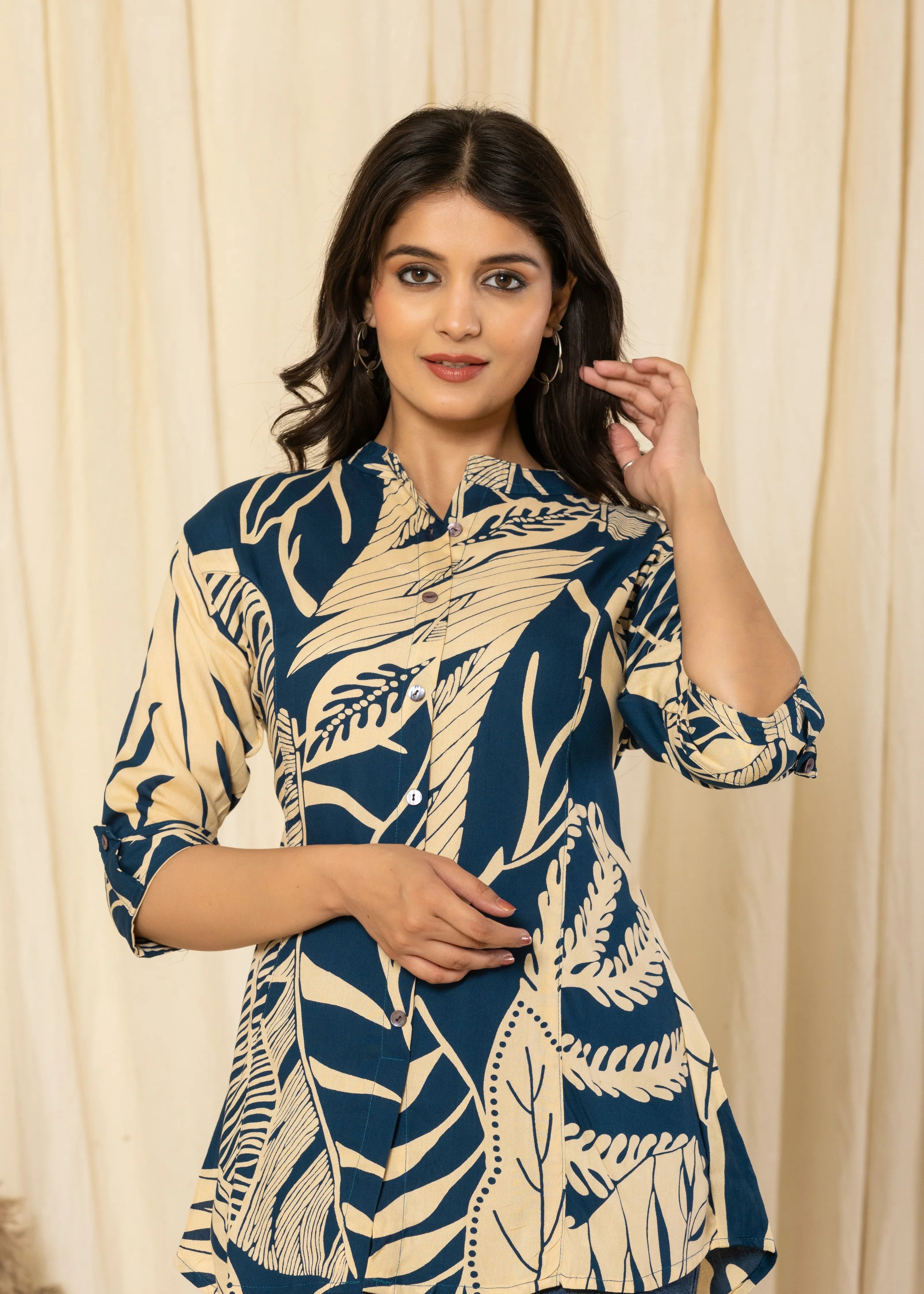 Leaf Peacock Blue Rayon Tunic