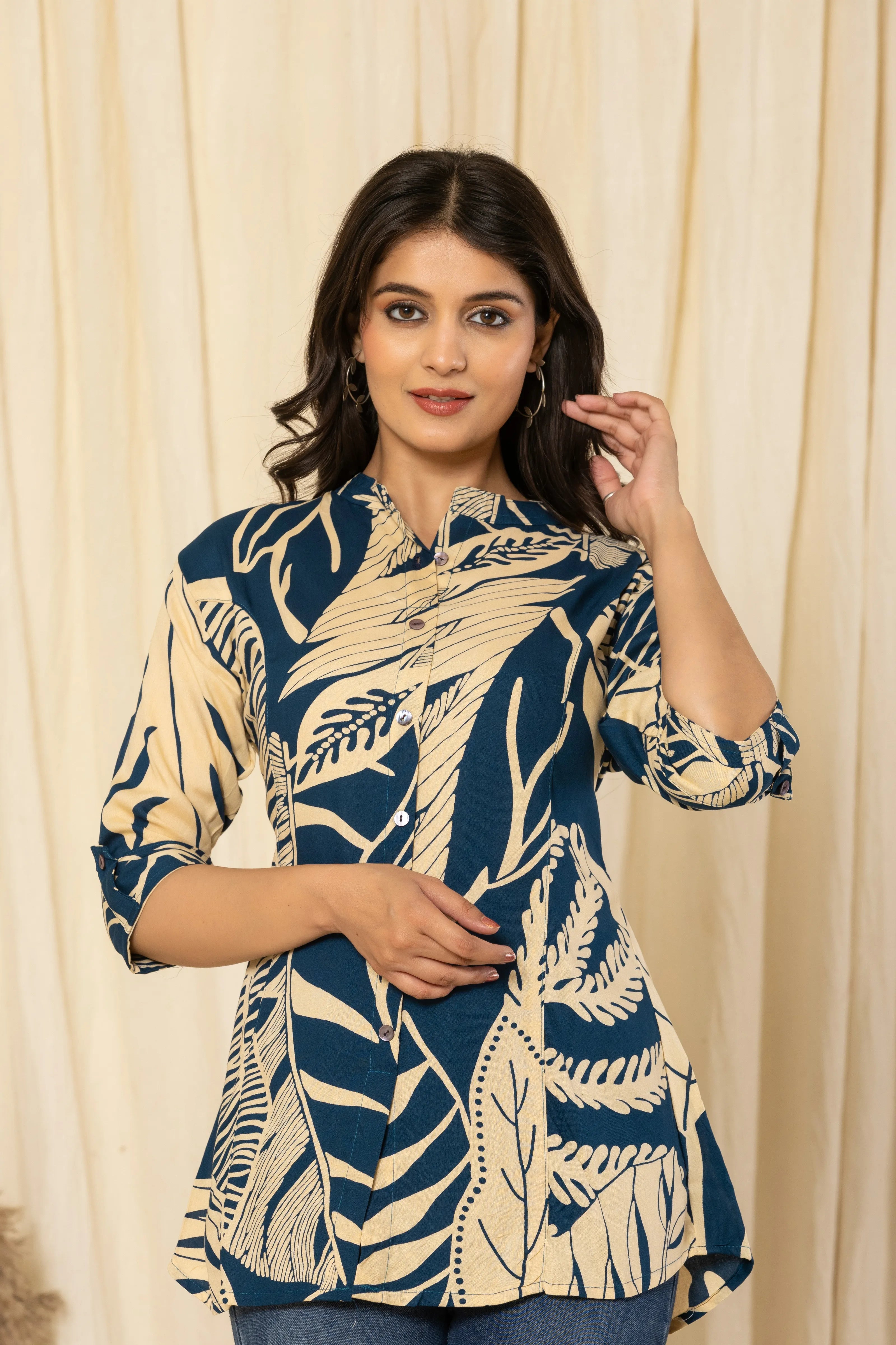 Leaf Peacock Blue Rayon Tunic
