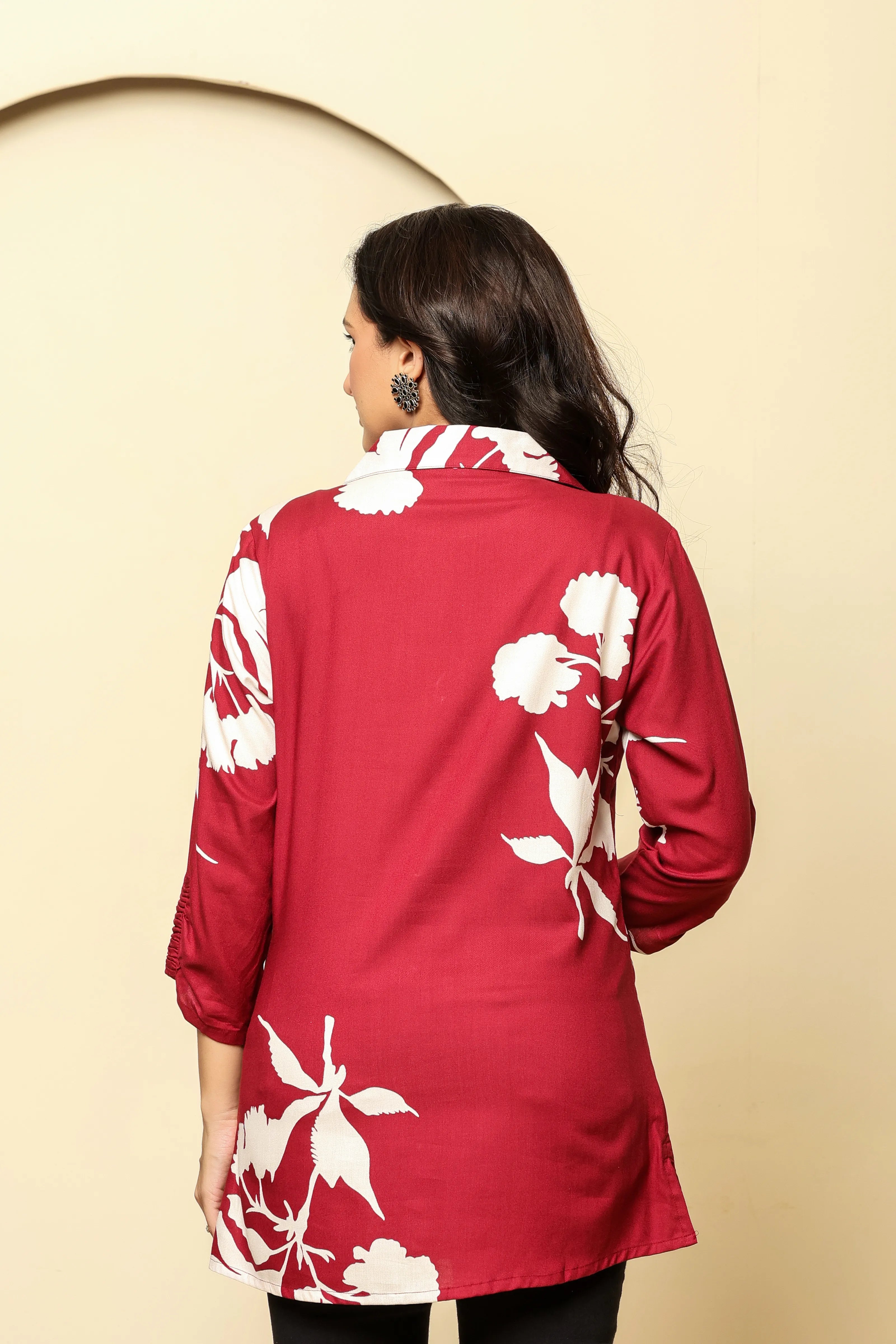 Maroon Bold Floral Printed Short Kurti in Rayon