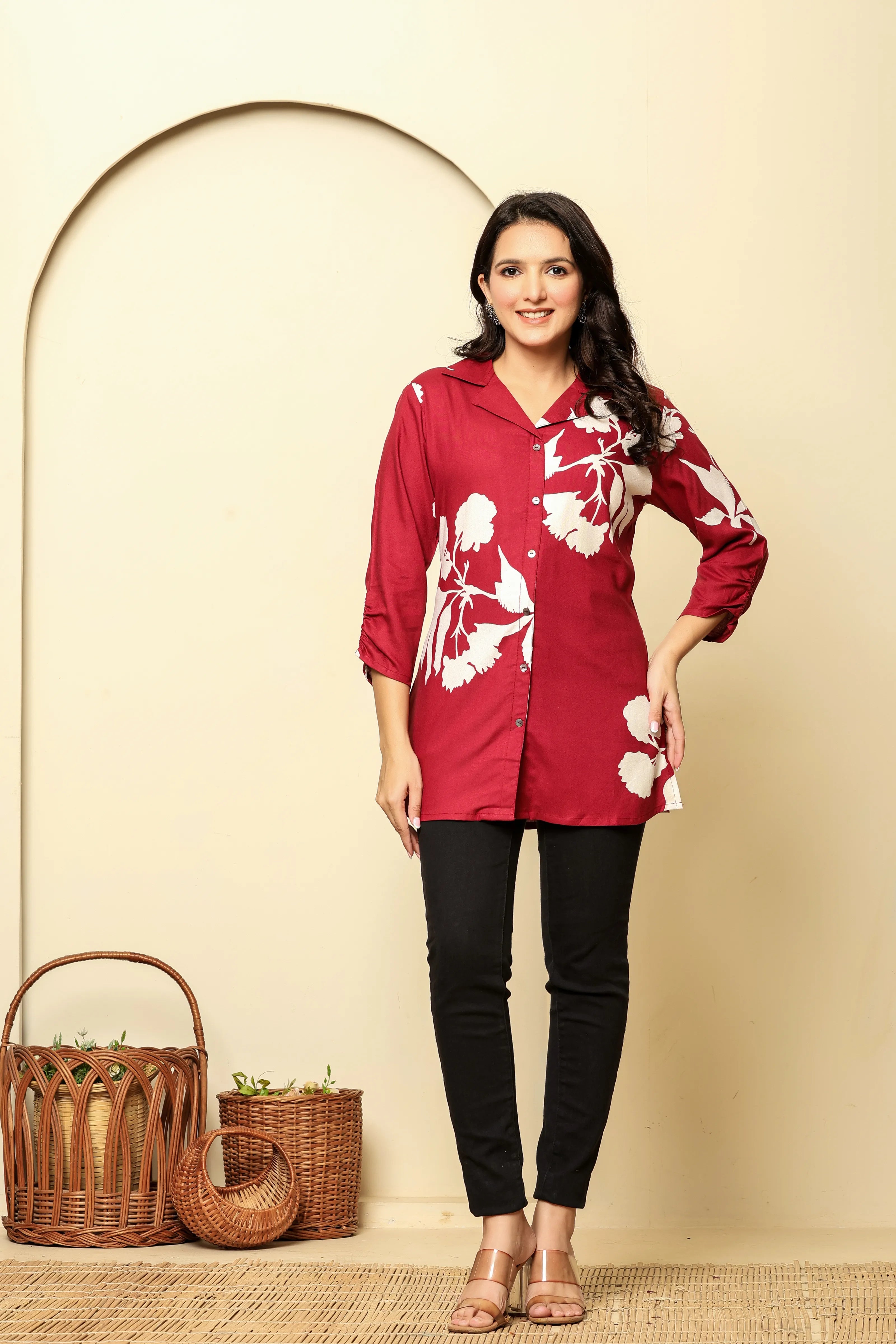 Maroon Bold Floral Printed Short Kurti in Rayon