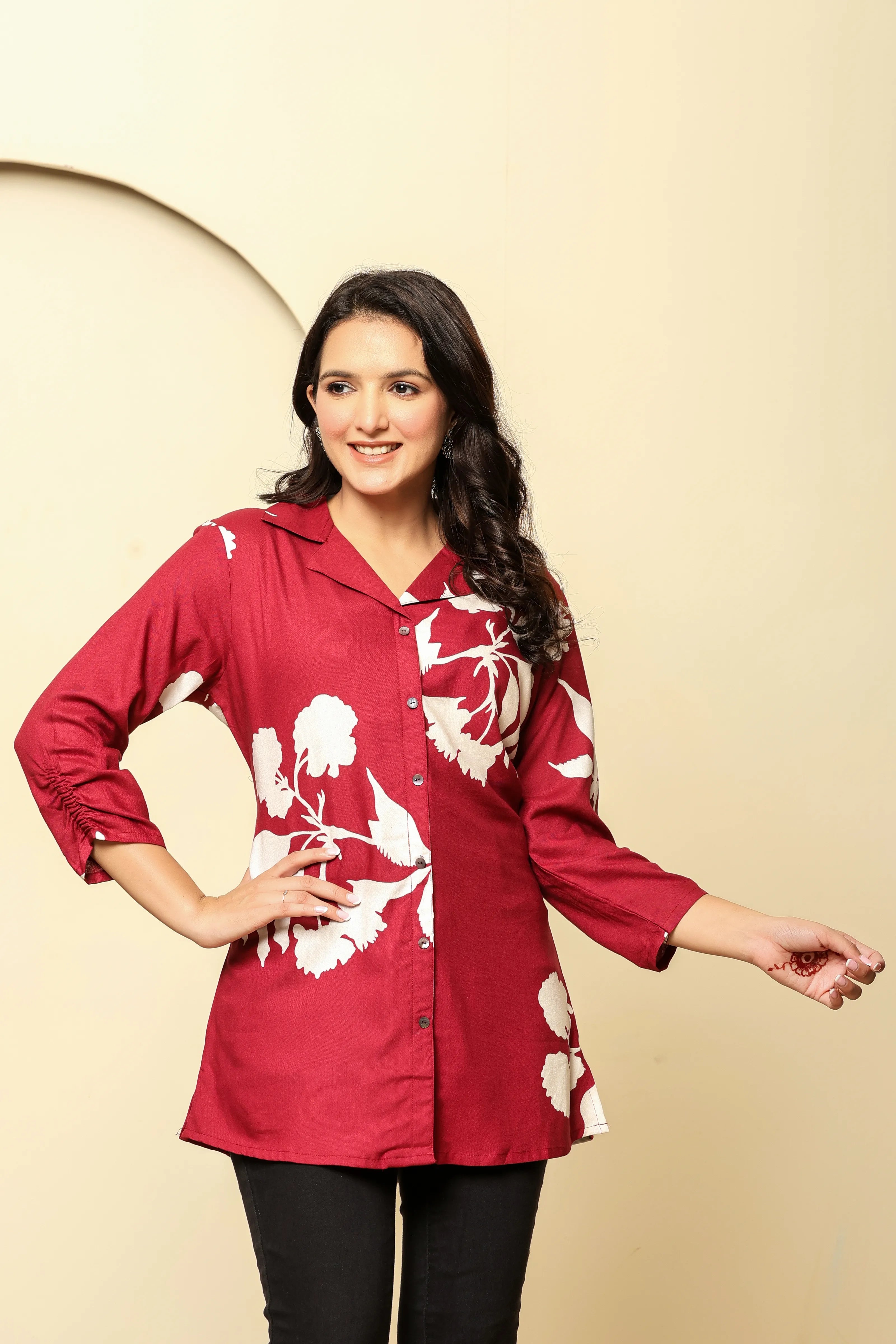 Maroon Bold Floral Printed Short Kurti in Rayon