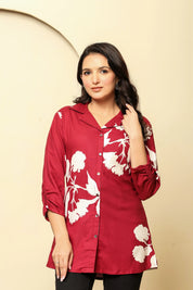 Maroon Bold Floral Printed Short Kurti in Rayon