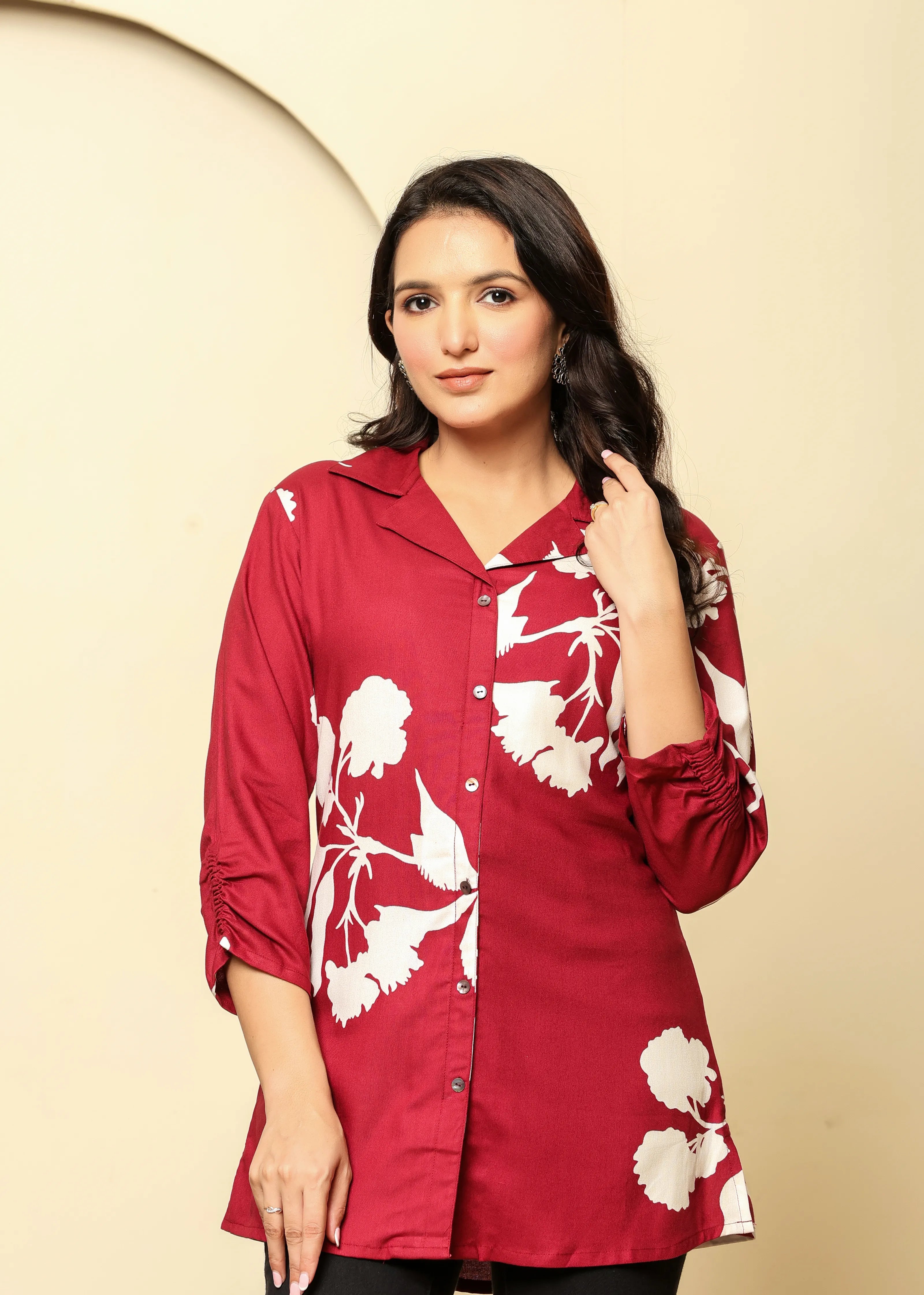 Maroon Bold Floral Printed Short Kurti in Rayon