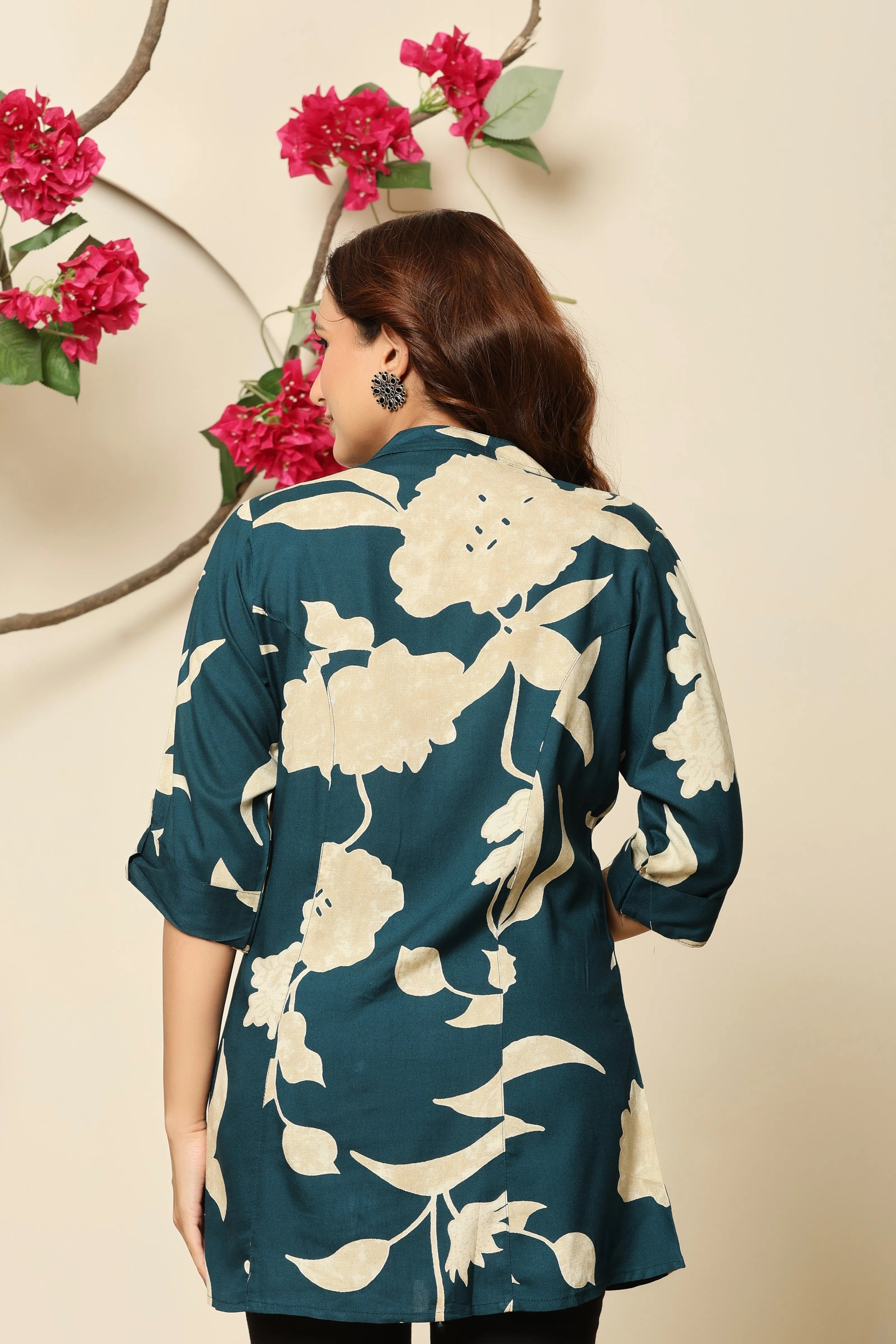 Teal & Cream Floral Rayon Tunic