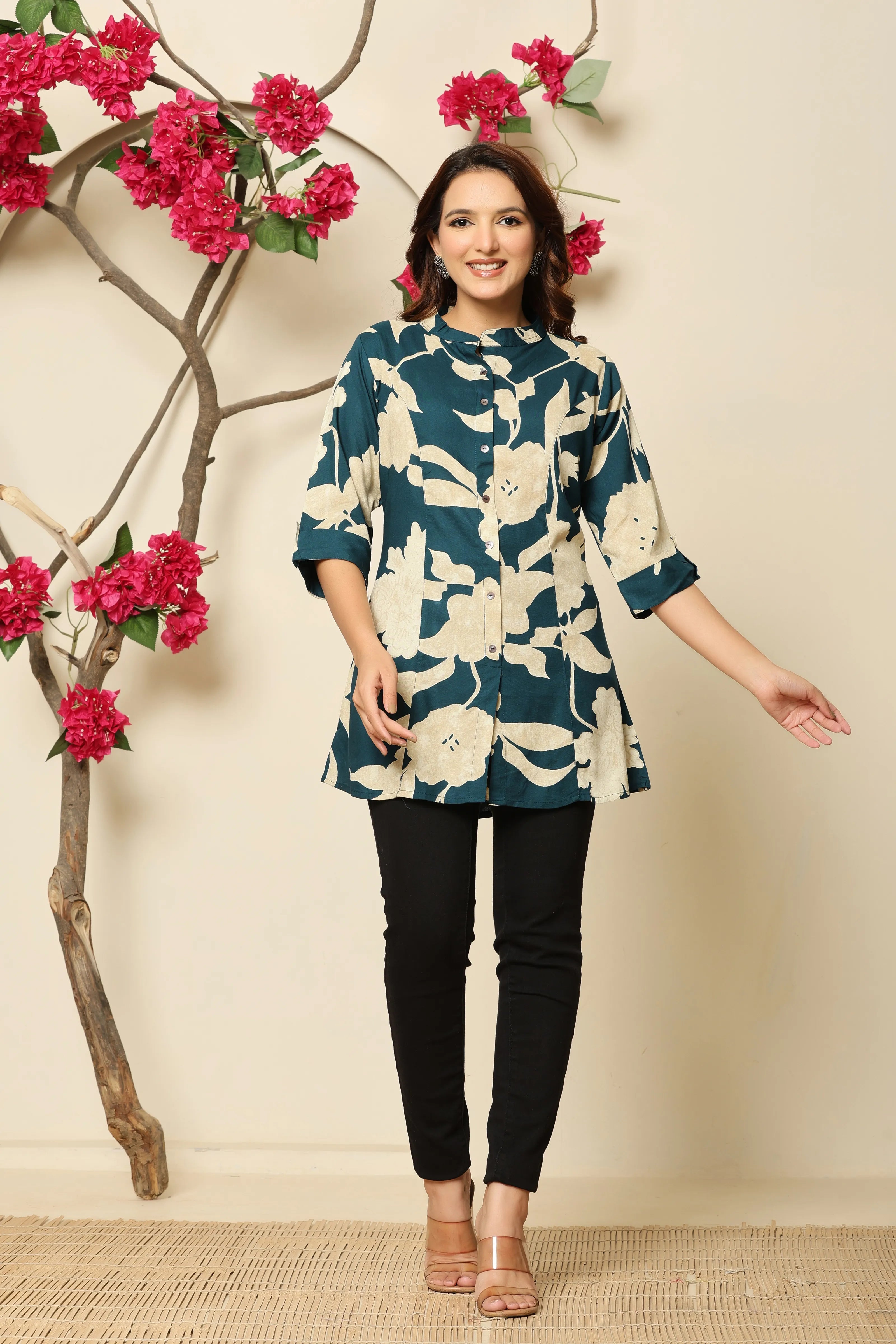 Teal & Cream Floral Rayon Tunic