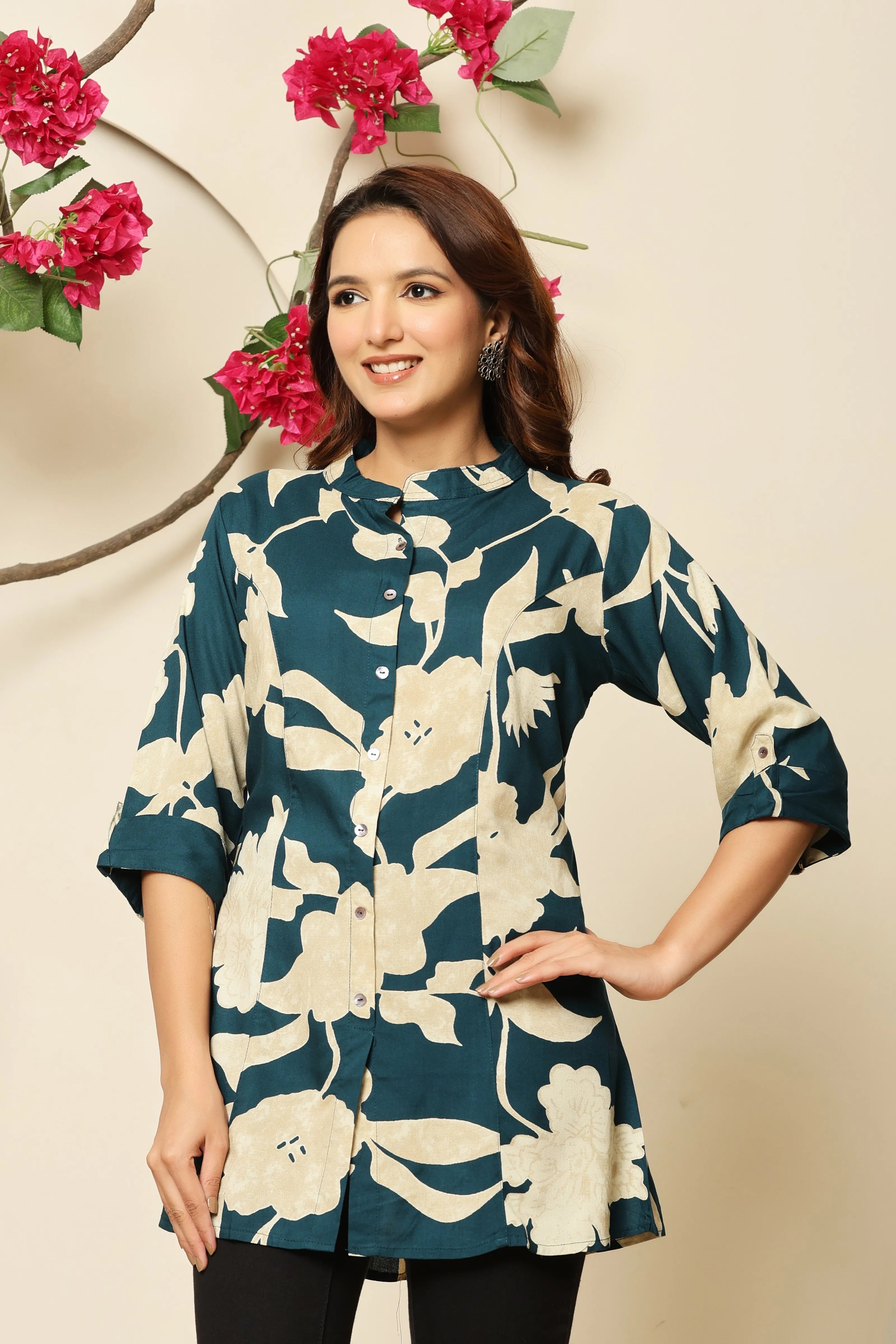 Teal & Cream Floral Rayon Tunic