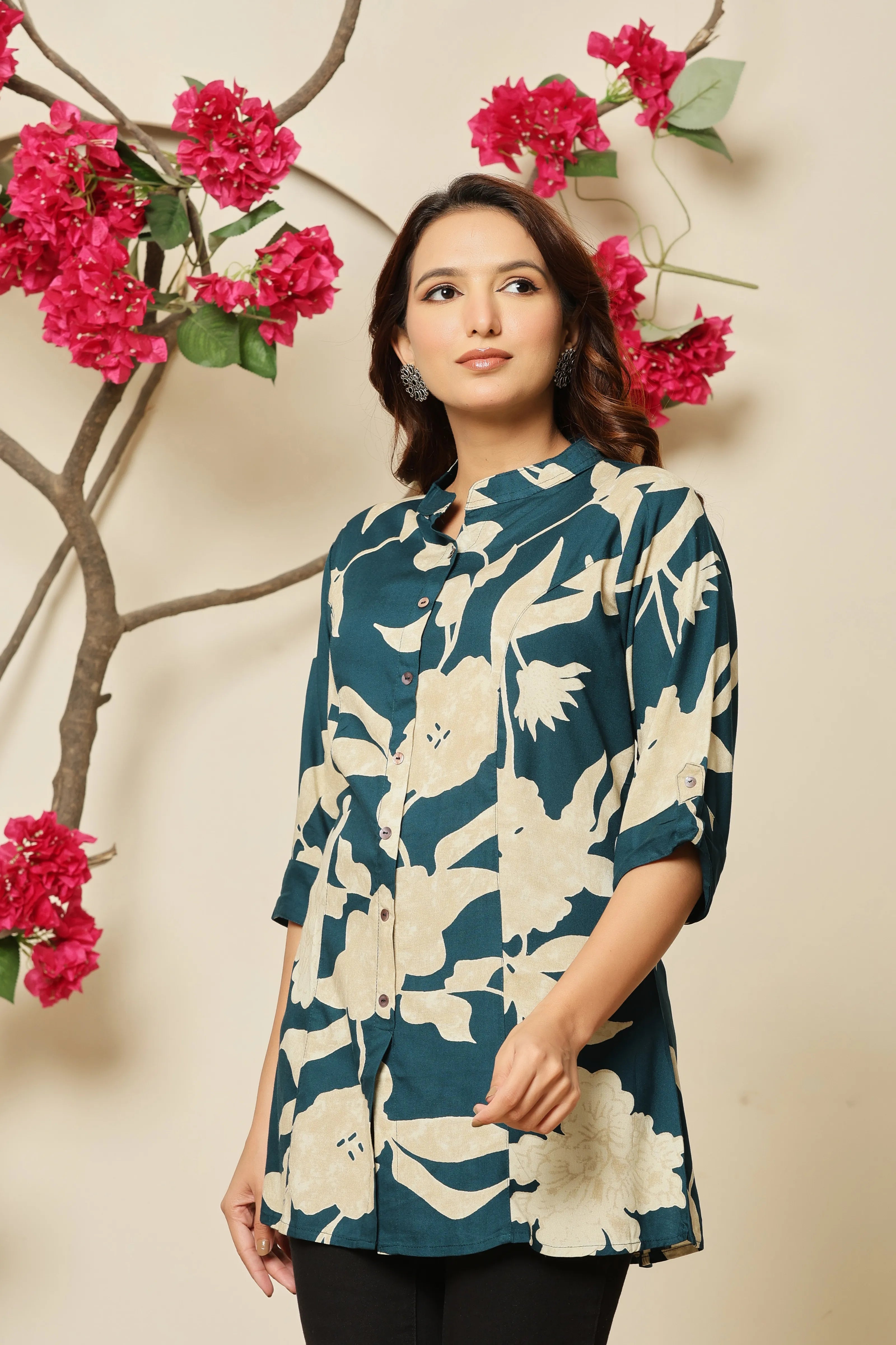 Teal & Cream Floral Rayon Tunic