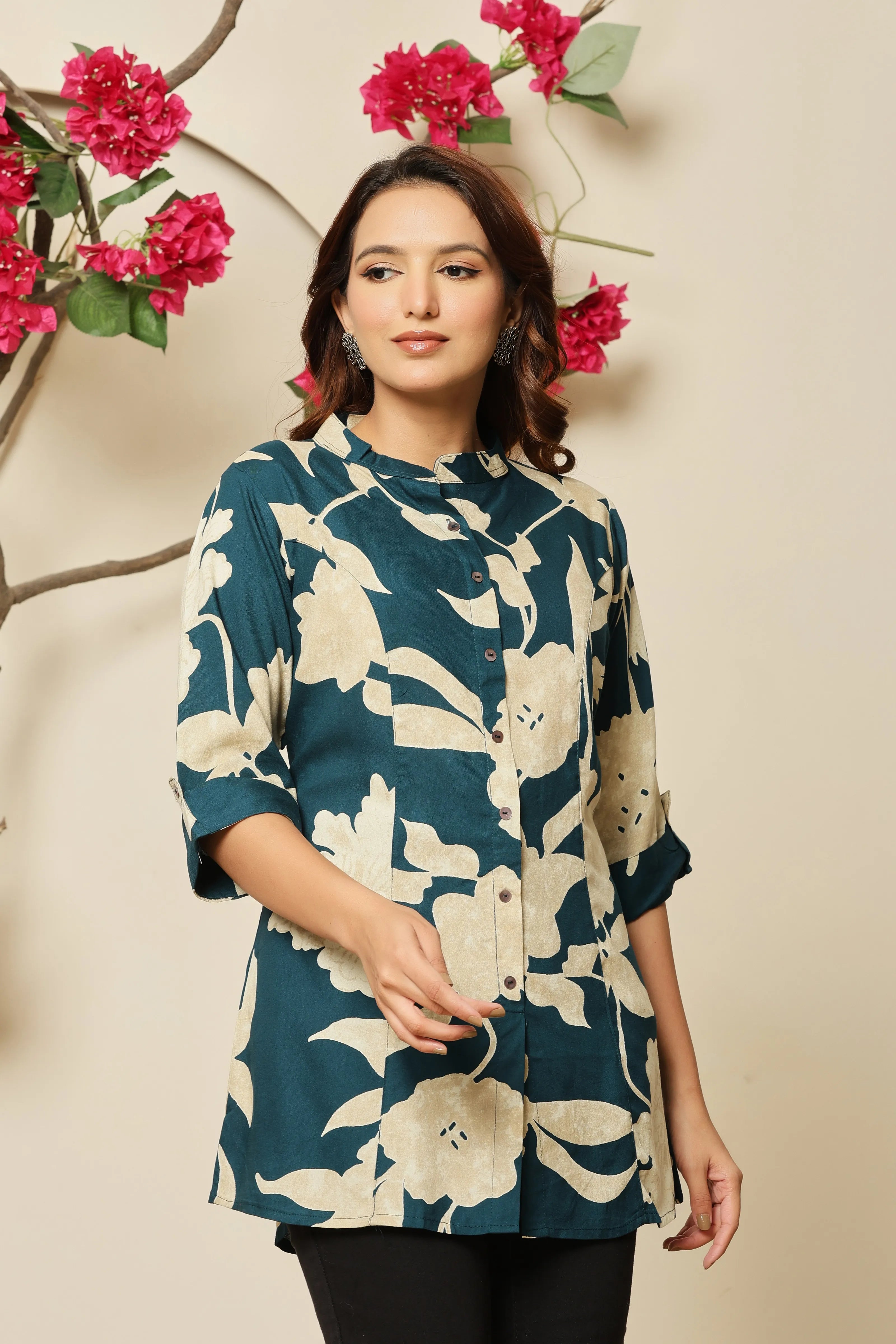 Teal & Cream Floral Rayon Tunic