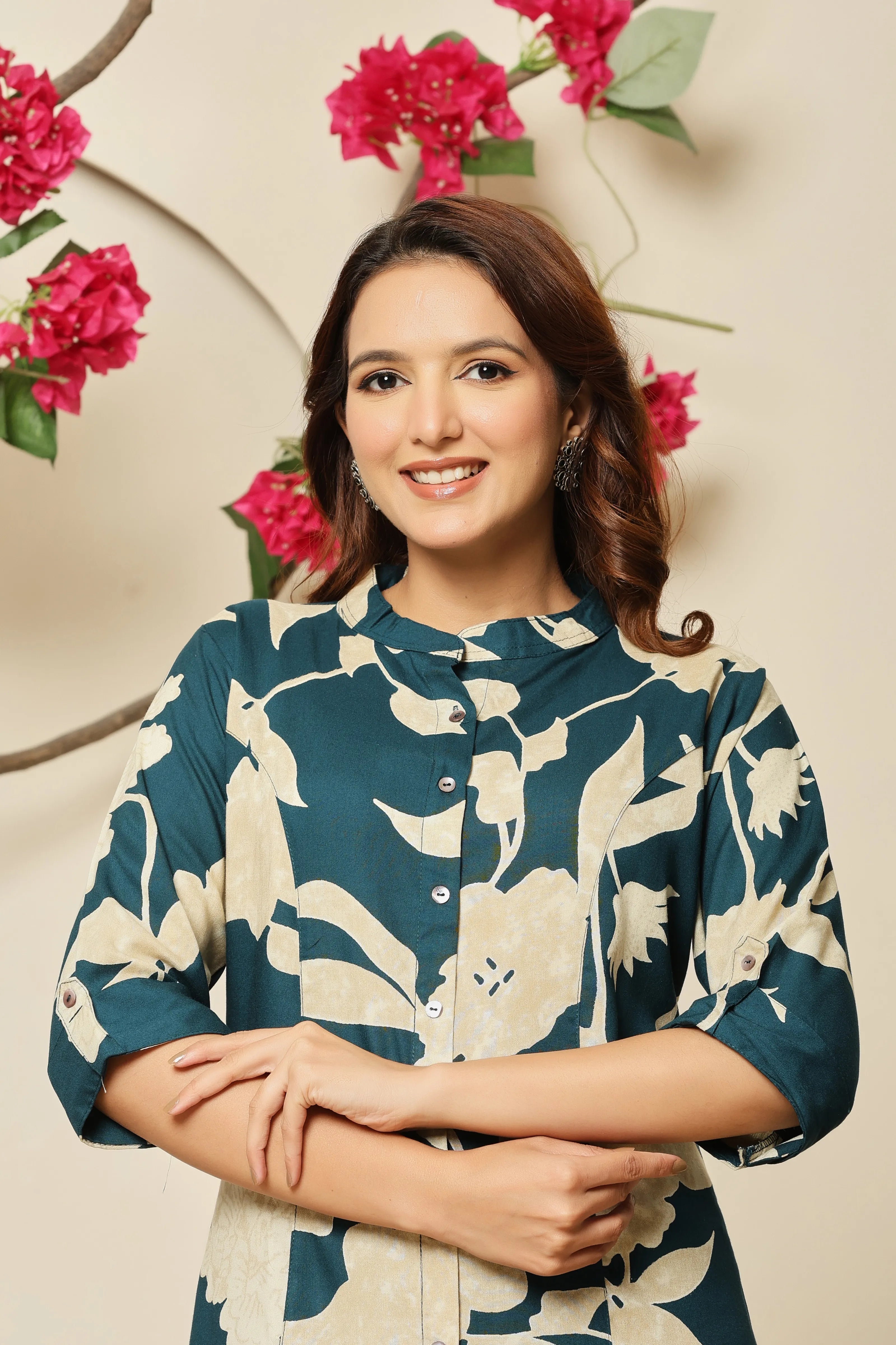 Teal & Cream Floral Rayon Tunic