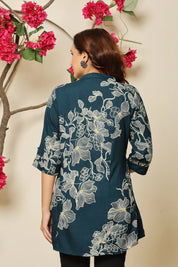 Teal Allover Beige Floral Rayon Tunic