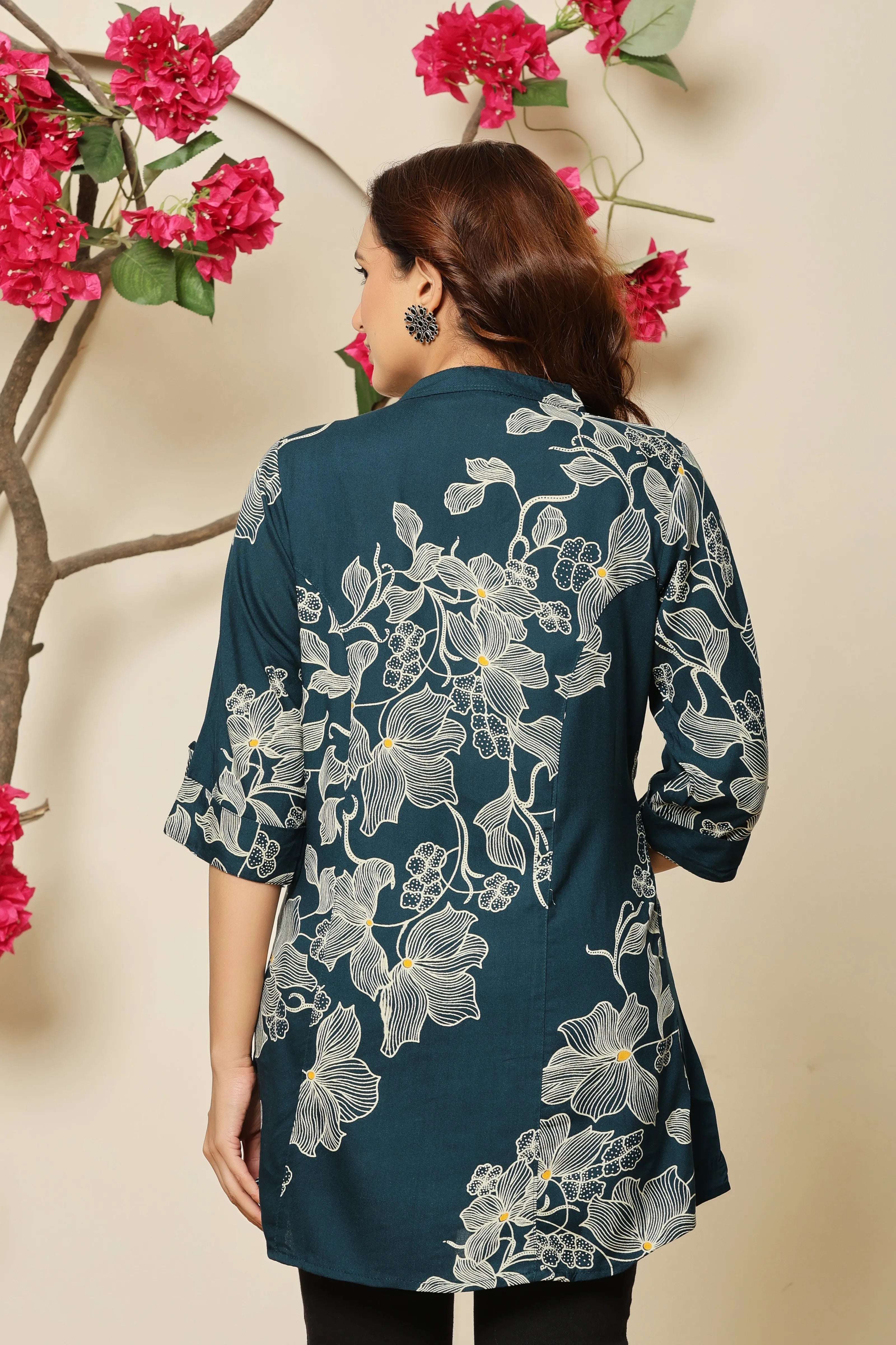 Teal Allover Beige Floral Rayon Tunic