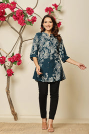 Teal Allover Beige Floral Rayon Tunic