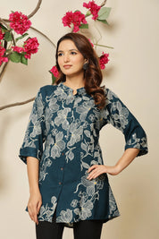 Teal Allover Beige Floral Rayon Tunic