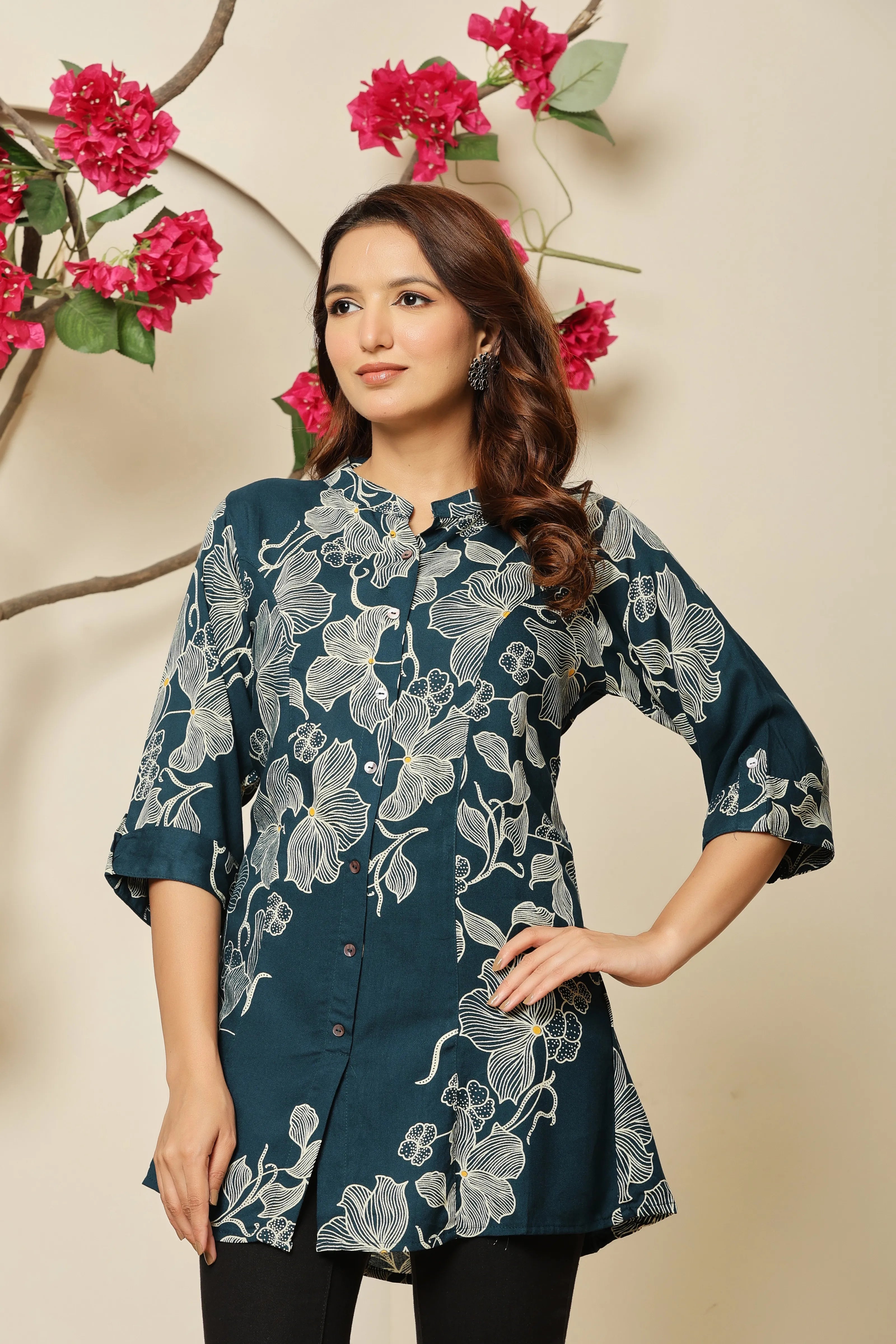 Teal Allover Beige Floral Rayon Tunic