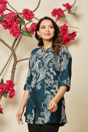 Teal Allover Beige Floral Rayon Tunic