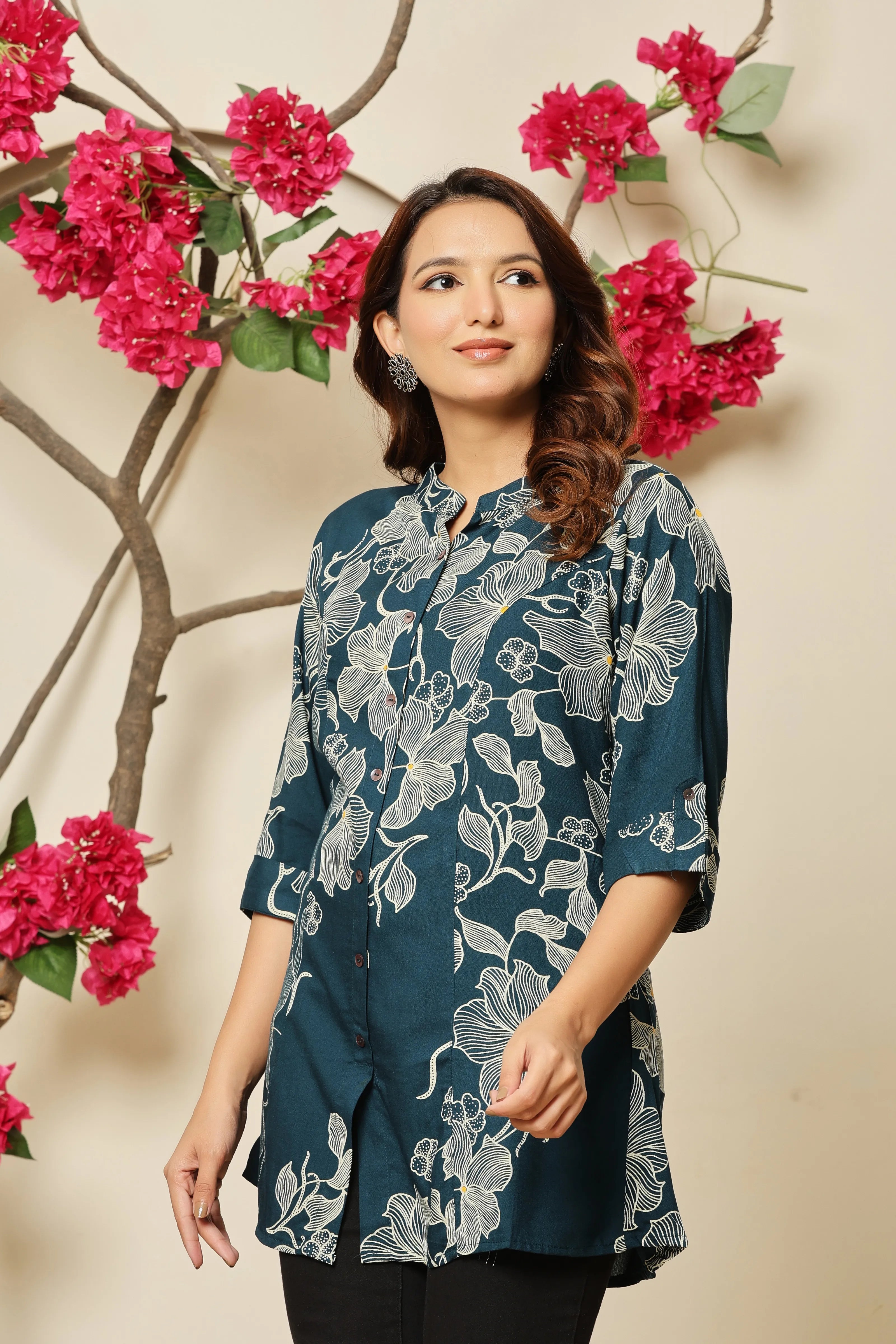 Teal Allover Beige Floral Rayon Tunic