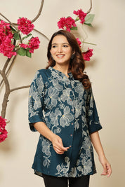 Teal Allover Beige Floral Rayon Tunic